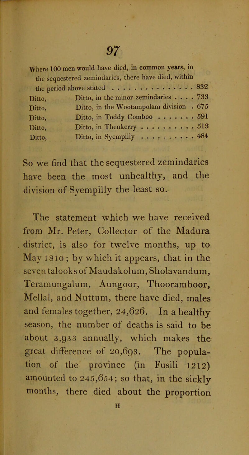 Where 100 men would have died, in common years, in the sequestered zemindaries, there have died, within the period above stated 832 Ditto, Ditto, in the minor zemindaries .... 733 Ditto, Ditto, in the Wootampolam division . 675 Ditto, Ditto, in Toddy Comboo 591 Ditto, Ditto, in Thenkerry 513 Ditto, Ditto, in Syempilly 484 So we find that the sequestered zemindaries have been the most unhealthy, and the division of Syempilly the least so. The statement which we have received from Mr. Peter, Collector of the Madura district, is also for twelve months, up to May 1810 ; by which it appears, that in the seven talooks of Maudakolum, Sholavandum, Teramungalum, Aungoor, Thooramboor, Mellal, and Nuttum, there have died, males and females together, 24,626. In a healthy season, the number of deaths is said to be about 3,g3 3 annually, which makes the great difference of 20,693. The popula- tion of the province (in Fusili 1212) amounted to 245,654; so that, in the sickly months, there died about the proportion H