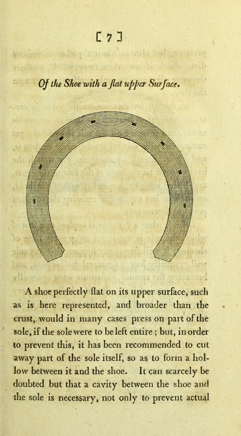 Of the Shoe with a flat upper Surface, A shoe perfectly flat on its upper surface, such as is here represented, and broader than the crust, would in many cases press on part of the sole, if the sole were to be left entire ; but, in order to prevent this, it has been recommended to cut away part of the sole itself, so as to form a hol- low between it and the shoe. It can scarcely be doubted but that a cavity between the shoe and the sole is necessary, not only to prevent actual