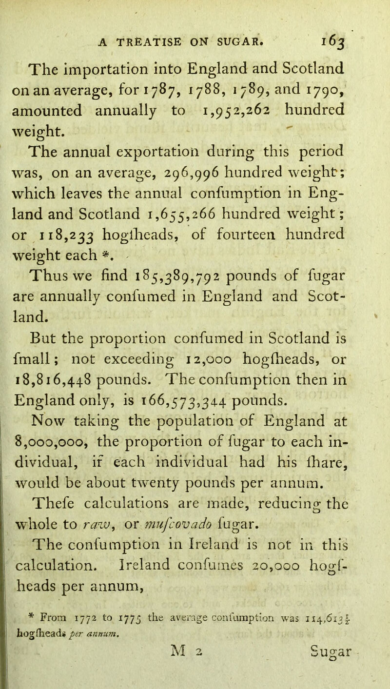 The importation into England and Scotland on an average, for 1787, 1788, 1789, and 1790, amounted annually to 1,952,262 hundred weight. The annual exportation during this period was, on an average, 296,996 hundred weight; which leaves the annual confumption in Eng- land and Scotland 1,655,266 hundred weight; or 118,233 hoglheads, of fourteen, hundred weight each Thus we find 185,389,792 pounds of fugar are annually confumed in England and Scot- land. But the proportion confumed in Scotland is fmall; not exceeding 12,000 hogfheads, or 18,816,448 pounds. The confumption then in England only, is 166,573,344 pounds. Now taking the population of England at 8,000,000, the proportion of fugar to each in- dividual, if each individual had his lhare, would be about twenty pounds per annum. Thefe calculations are made, reducing the whole to raw, or mufcovado fugar. The confumption in Ireland is not in this calculation. Ireland confuines 20,000 hogf- heads per annum, * From 1772 to 1775 the average confumption was 114.6121- hogfheads per annum. Suffar M 2