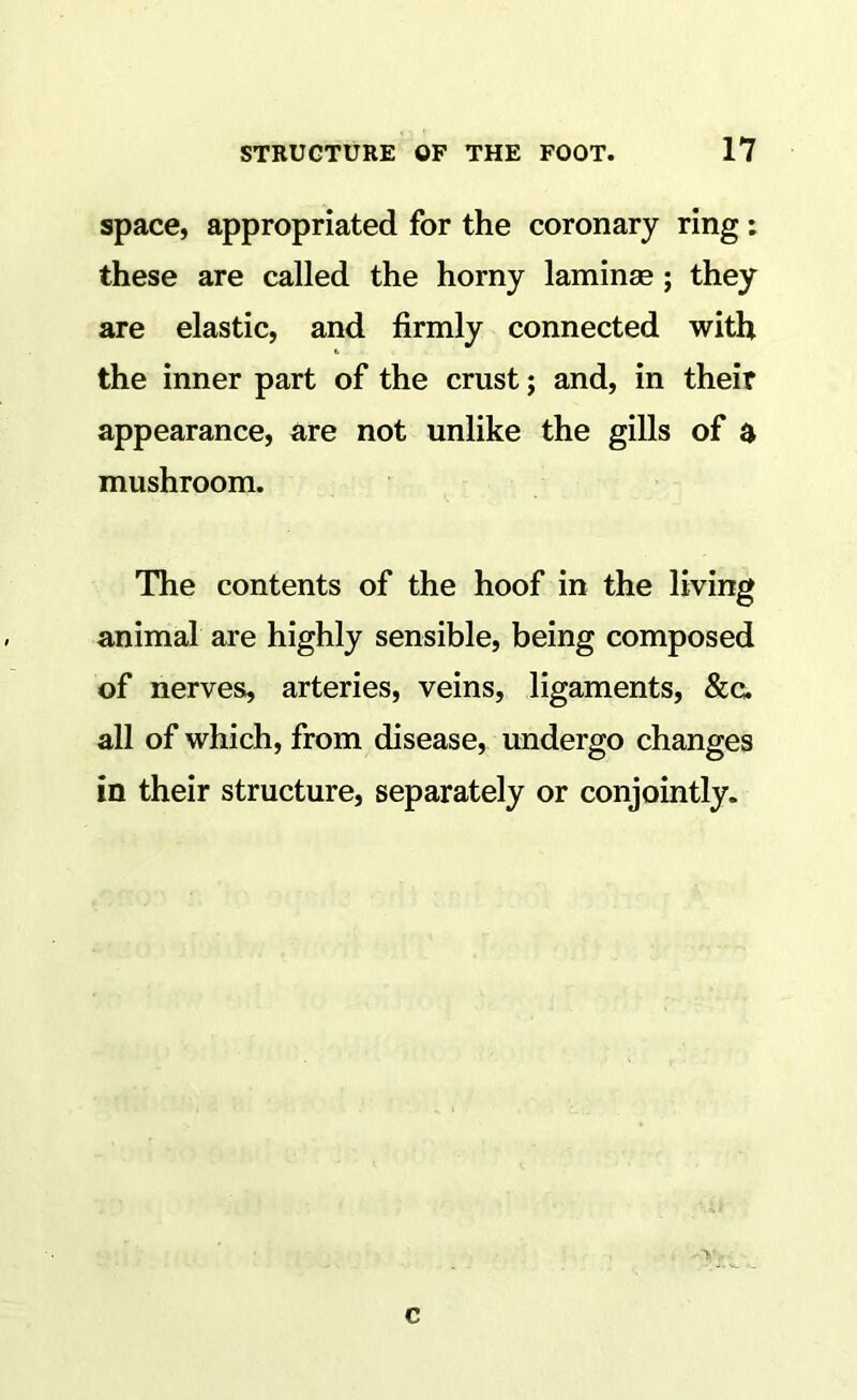 space, appropriated for the coronary ring: these are called the horny laminae; they are elastic, and firmly connected with the inner part of the crust; and, in their appearance, are not unlike the gills of a mushroom. The contents of the hoof in the living animal are highly sensible, being composed of nerves, arteries, veins, ligaments, &c. all of which, from disease, undergo changes in their structure, separately or conjointly. c