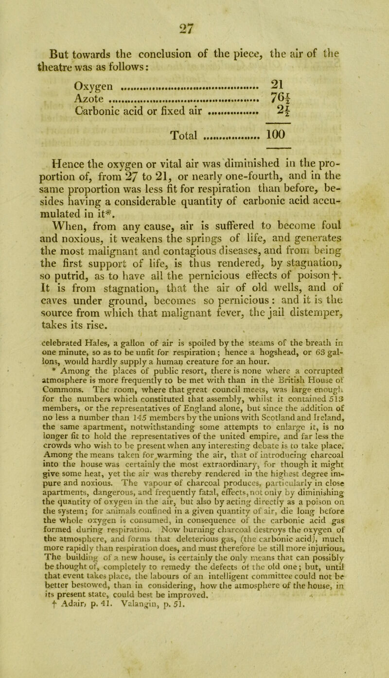 But towards the conclusion of the piece, the air of the theatre was as follows: Oxygen 21 Azote 76f Carbonic acid or fixed air 2£ Total 100 Hence the oxygen or vital air was diminished in the pro- portion of, from 27 to 21, or nearly one-fourth, and in the same proportion was less fit for respiration than before, be- sides having a considerable quantity of carbonic acid accu- mulated in it*. When, from any cause, air is suffered to become foul and noxious, it weakens the springs of life, and generates the most malignant and contagious diseases, and from being the first support of life, is thus rendered, by stagnation, so putrid, as to have all the pernicious effects of poison f. It is from stagnation, that the air of old wells, and of caves under ground, becomes so pernicious: and it is the source from which that malignant fever, the jail distemper, takes its rise. celebrated Hales, a gallon of air is spoiled by the steams of the breath in one minute, so as to be unfit for respiration ; hence a hogshead, or 63 gal- lons, would hardly supply a humaij creature for an hour. * Among the places of public resort, there is none where a corrupted atmosphere is more frequently to be met with than in the British House of Commons. The room, where that great council meets, was large enough for the numbers which constituted that assembly, whilst it contained 513 members, or the representatives of England alone, but since the addition of no less a number than 145 members by the unions with Scotland and Ireland, the same apartment, notwithstanding some attempts to enlarge it, is no longer fit to hold the representatives of the united empire, and far less the crowds who wish to be present when any interesting debate is to take place. Among the means taken for warming the air, that of introducing charcoal into the house was certainly the most extraordinary, for though it might give some heat, yet the air was thereby rendered in the highest degree im- pure and noxious. The vapour of charcoal produces, particularly in close apartments, dangerous, and frequently fatal, effects, not only by diminishing the quantity of oxygen in the air, but also by acting directly as a poison on the system; for axiimals confined in a given quantity of air, die long before the whole oxygen is consumed, in consequence of the carbonic acid gas formed during respiration. Now burning charcoal destroys the oxygen of the atmosphere, and forms that deleterious gas, (the carbonic acidj, much more rapidly than respiration does, and must therefore be still more injurious. The building of a new house, is certainly the only means that can possibly be thought of, completely to remedy the defects of the old one; but, until that event takes place, the labours of an intelligent committee could not be better bestowed, than in considering, how the atmosphere of the house, in its present state, could best be improved. * f Adair, p. 41. Valangin, p. 51.