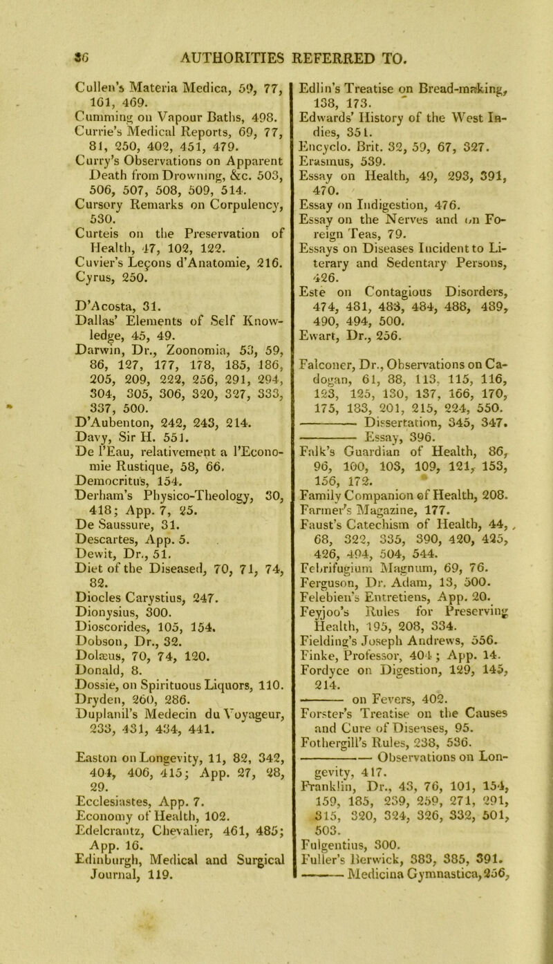 Cullen’s Materia Medica, 50, 77, 161, 469. Cumming on Vapour Baths, 498. Currie’s Medical Reports, 69, 77, 81, 250, 402, 451, 479. Curry’s Observations on Apparent Death from Drowning, &c. 503, 506, 507, 508, 509, 514. Cursory Remarks on Corpulency, 530. Curteis on the Preservation of Health, 47, 102, 122. Cuvier’s Lecons d’Anatomie, 216. Cyrus, 250. D’A costa, 31. Dallas’ Elements of Self Know- ledge, 45, 49. Darwin, Dr., Zoonomia, 53, 59, 86, 127, 177, 178, 185, 186, 205, 209, 222, 256, 291, 294, 304, 305, 306, 320, 327, 333, 337, 500. D’Aubenton, 242, 243, 214. Davy, Sir H. 551. De l’Eau, relativement a 1’Econo- mic Rustique, 58, 66, Democritus, 154. Derham’s Physico-Theology, 30, 418; App. 7, 25. De Saussure, 31. Descartes, App. 5. Dewit, Dr., 51. Diet of the Diseased, 70, 71, 74, 82. Diodes Carystius, 247. Dionysius, 300. Dioscorides, 105, 154. Dobson, Dr., 32. Dolaeus, 70, 74, 120. Donald, 8. Dossie, on Spirituous Liquors, 110. Dryden, 260, 286. Duplanil’s Medecin duVoyageur, 233, 431, 434, 441. Easton on Longevity, 11, 82, 342, 404, 406, 415; App. 27, 28, 29. Ecclesiastes, App. 7. Economy of Health, 102. Edelcrantz, Chevalier, 461, 485; App. 16. Edinburgh, Medical and Surgical Journal, 119. Edlin’s Treatise on Bread-making, 138, 173. Edwards’ History of the West In- dies, 351. Encyclo. Brit. 32, 59, 67, 327. Erasmus, 539. Essay on Health, 49, 293, 391, 470. Essay on Indigestion, 476. Essay on the Nerves and on Fo- reign Teas, 79. Essays on Diseases Incident to Li- terary and Sedentary Persons, 426. Este on Contagious Disorders, 474, 431, 483, 484, 488, 489, 490, 494, 500. Ewart, Dr., 256. Falconer, Dr., Observations on Ca- dogan, 61, 88, 113. 115, 116, 123, 125, 130, 137, 166, 170, 175, 183, 201, 215, 224, 550. Dissertation, 345, 347. Essay, 396. Falk’s Guardian of Health, 86, 96, 100, 103, 109, 121, 153, 156, 172. Family Companion ef Health, 208. Farmer’s Magazine, 177. Faust’s Catechism of Health, 44,, 68, 322, 335, 390, 420, 425, 426, 494, 504, 544. Febrifugium Magnum, 69, 76. Ferguson, Dr. Adam, 13, 500. Felebien's Entretiens, App. 20. Feyjoo’s Rules for Preserving Health, 195, 208, 334. Fielding’s Joseph Andrews, 556. Finke, Professor, 404 ; App. 14. Fordyce on Digestion, 129, 145, 214. on Fevers, 402. Forster’s Treatise on the Causes and Cure of Diseases, 95. Fothergill’s Rules, 238, 536. Observations on Lon- gevity, 417. Franklin, Dr., 43, 76, 101, 154, 159, 185, 239, 259, 271, 291, 315, 320, 324, 326, 332, 501, 503. Fulgentius, 300. Fuller’s Berwick, 383, 385, 391. Medicina Gymnastica,256,