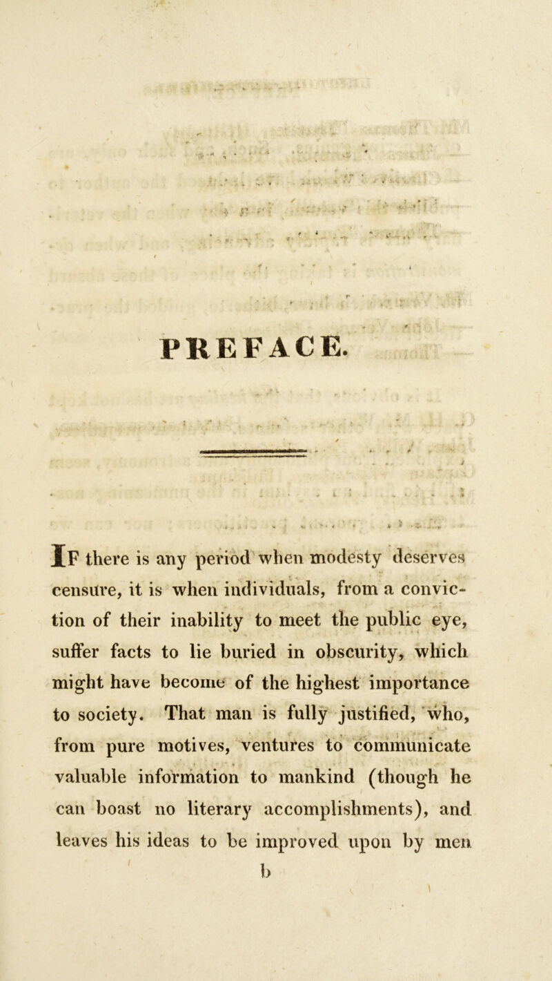 . A PREFACE. If there is any period when modesty deserves censure, it is when individuals, from a convic- tion of their inability to meet the public eye, suffer facts to lie buried in obscurity, which might have become of the highest importance to society. That man is fully justified, who, T ■ J from pure motives, ventures to communicate valuable information to mankind (though he can boast no literary accomplishments), and leaves his ideas to be improved upon by men b