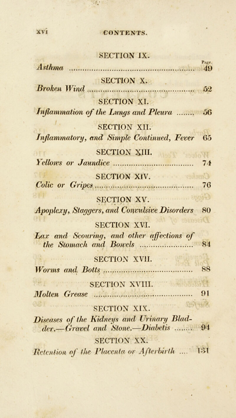 SECTION IX. Asthma ......... 49 i * • « ^ SECTION X. Broken Wind >.... 52 7 r SECTION XI. Tnflammation of the Lungs and Pleura 56 t . SECTION XII. Inflammatory, and Simple Continued, Fever 65 SECTION XIII. Yellows or Jaundice 74 SECTION XIV. Colic or Gripes 76 SECTION XV. . ^ > Apoplexy, Staggers, and Convulsive Disorders 80 SECTION XVI. Lax and Scouring, of/ier affections of the Stomach and Bowels 84 V ' * SECTION XVII. Worms and’ Botts 88 t * SECTION XVIII. \ * ‘s' Molten Grease 91 SECTION XIX. Diseases of the Kidneys and Urinary Blad- der.—Gravel and Stone.—Diabetis ........ 94 SECTION XX. Retention of the Placenta or Afterbirth .... E‘>1