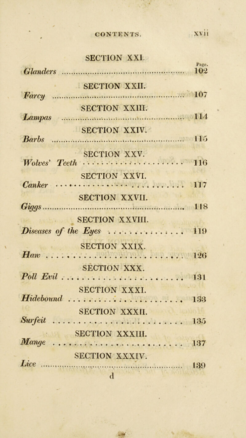 0 SECTION XXL Page. Glanders 102 SECTION XXII. Farcy 107 SECTION XXIII. Lampas 114 SECTION XXIV. Barbs * 115 SECTION XXV. Wolves' Teeth 11(3 SECTION XXVI. Canker * • • 117 SECTION XXVII. Giggs 118 SECTION XXVIII. Diseases of the Eyes . 119 SECTION XXIX. Haw 12(3 SECTION XXX. Poll Evil isi SECTION XXXI. Hidebound 138 SECTION XXXII. Surfeit * 135 SECTION XXXIII. Mange 137 SECTION XXXIV. Lice 139 (1