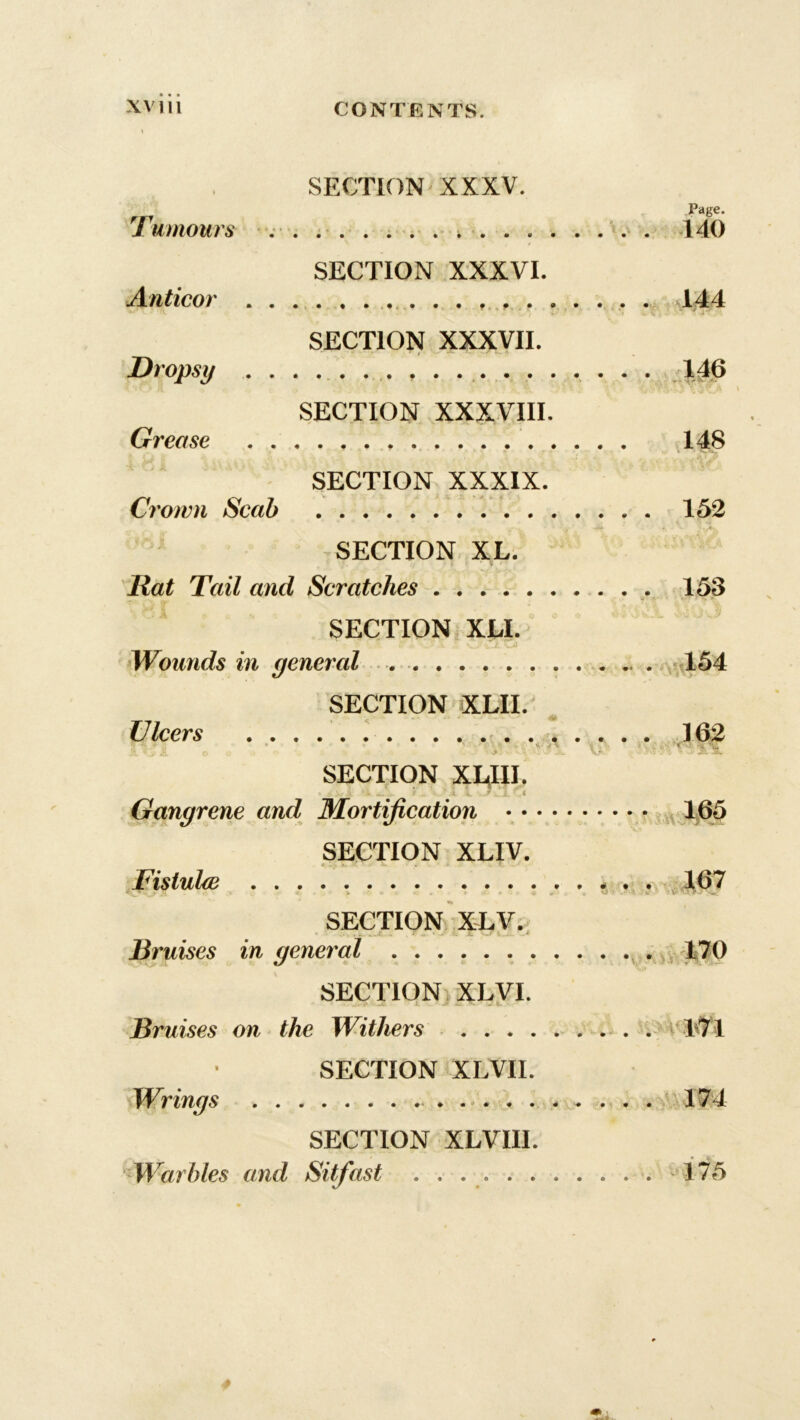 SECTION XXXV. Page. Tumours 140 SECTION XXXVI. Anticor 144 SECTION XXXVII. Dropsy 146 SECTION XXXVIII. Grease 148 SECTION XXXIX. Crown Scab 152 SECTION XL. jRat Tail and Scratches 153 SECTION XLI. o *\ Jr v--' ca. Oi Wounds in general 154 SECTION XLII. Ulcers 162 V JL * 9 11 o v? ■ -■’i ; ^ jl V*-- SECTION XLIII. it .... / . ■ 1 a. 7 .... i, :\1 Gangrene and Mortification 165 SECTION XLIV. Fistula 167 SECTION XLV. Bruises in general 170 SECTION XLVI. Bruises on the Withers 171 SECTION XLVII. Wrings 174 SECTION XLVII1. Warbles and Sit fast 175