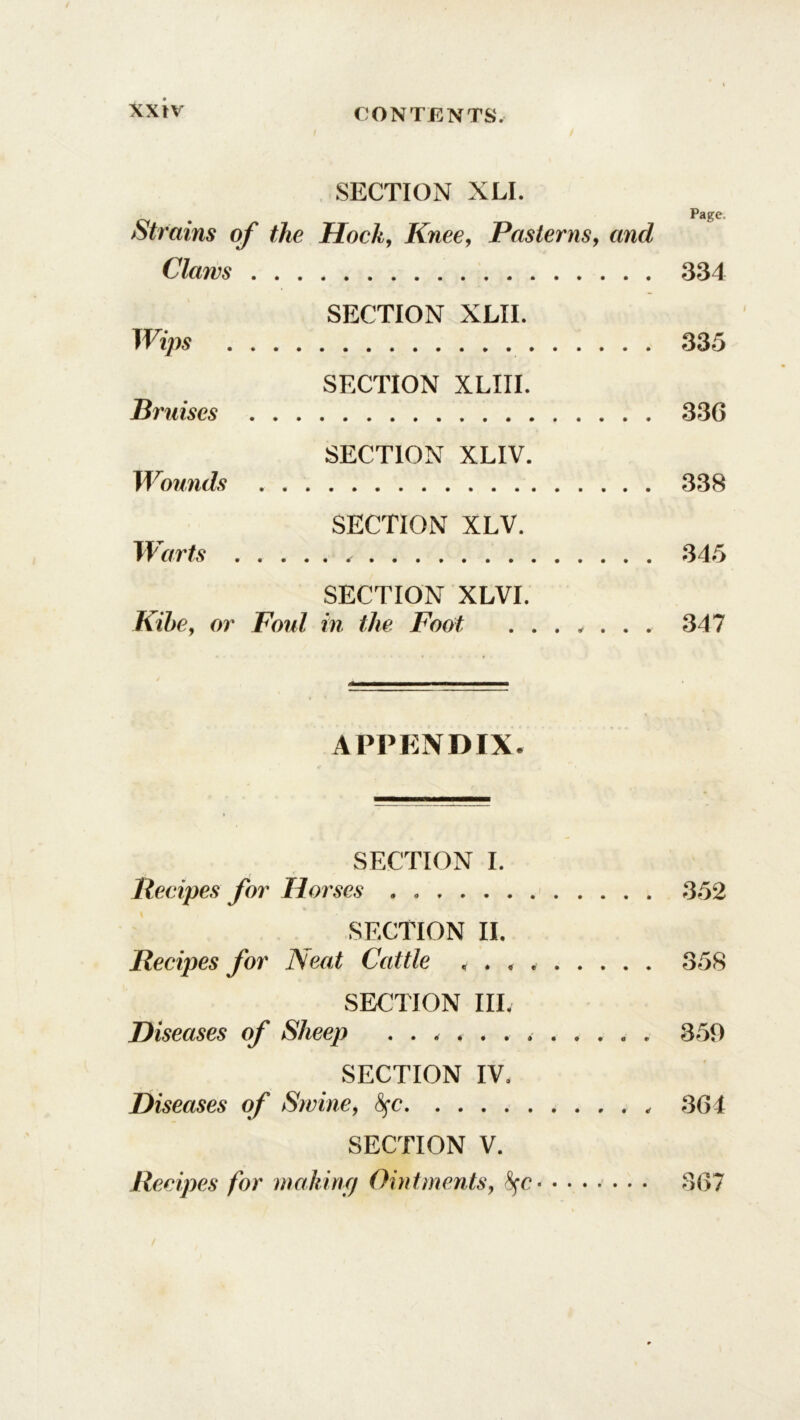 xxw SECTION XLI. rv . Page. Strains of the Hock, Knee, Pasterns, and Claws 334 SECTION XLII. Wips 335 SECTION XLIII. Bruises 336 SECTION XLIV. Wounds 338 SECTION XLV. Warts 345 SECTION XLVI. Kibe, or Foul in the Foot ....... 347 APPENDIX. SECTION I. Recipes for Horses . . 352 SECTION II. Recipes for Neat Cattle 358 SECTION IIL Diseases of Sheep 359 SECTION IV. Diseases of Swine, fyc 364 SECTION V. Recipes for makincj Ointments, fyc 367