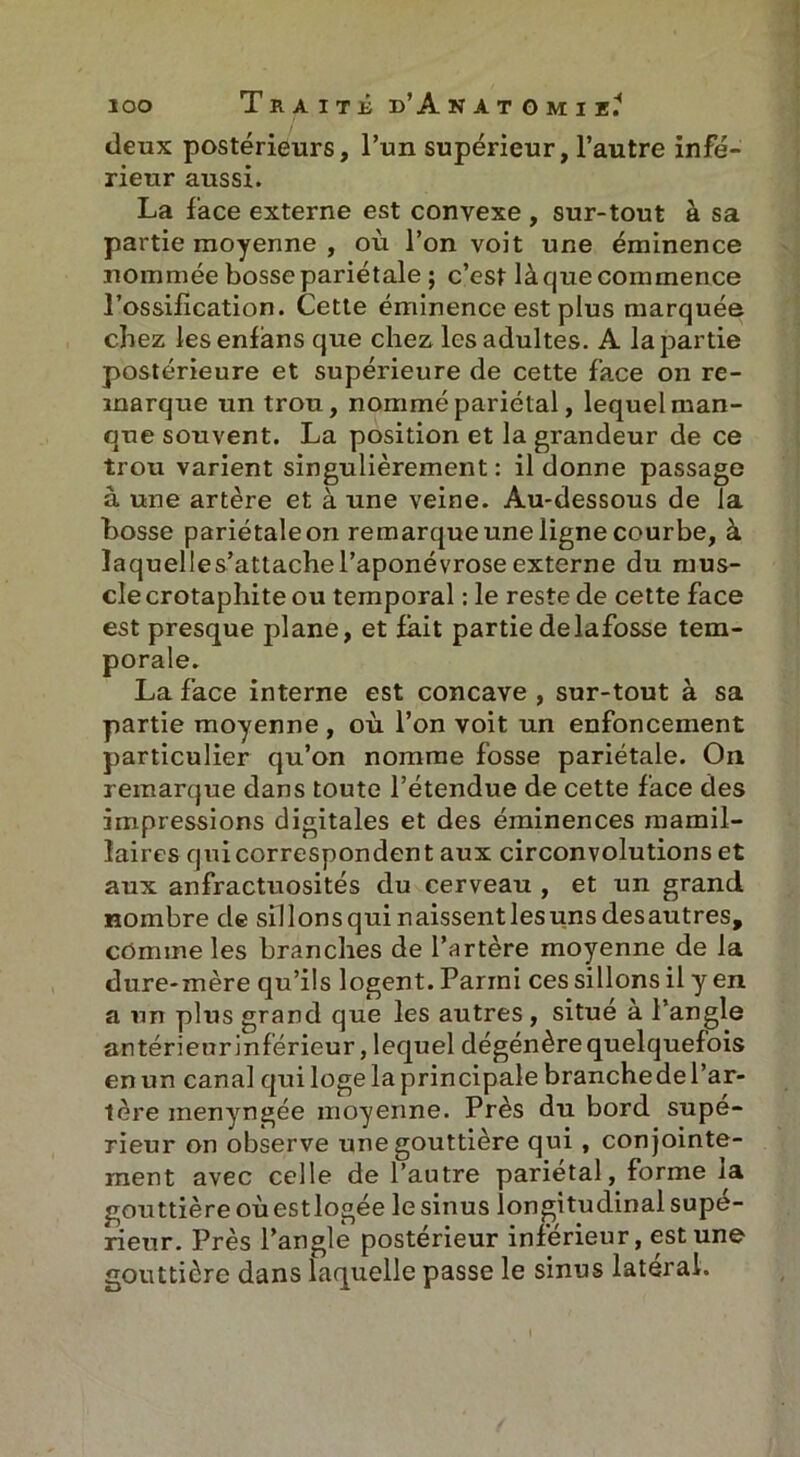 deux postérieurs, l’un supérieur, l’autre infé- rieur aussi. La face externe est convexe , sur-tout à sa partie moyenne , où l’on voit une éminence nommée bosse pariétale ; c’est là que commence l’ossification. Cette éminence est plus marquée chez lesenfàns que chez les adultes. A la partie postérieure et supérieure de cette face on re- marque un trou, nommé pariétal, lequel man- que souvent. La position et la grandeur de ce trou varient singulièrement : il donne passage à une artère et à une veine. Au-dessous de la bosse pariétale on remarque une ligne courbe, à laquelles’attachel’aponévroseexterne du mus- cle crotaphite ou temporal : le reste de cette face est presque plane, et fait partie delafosse tem- porale. La face interne est concave, sur-tout à sa partie moyenne , où l’on voit un enfoncement particulier qu’on nomme fosse pariétale. On remarque dans toute l’étendue de cette face des impressions digitales et des éminences mamil- laires qui correspondent aux circonvolutions et aux anfractuosités du cerveau , et un grand nombre de sillonsqui naissent les uns desautres, comme les branches de l’artère moyenne de la dure-mère qu’ils logent. Parmi ces sillons il y en a un plus grand que les autres , situé à l’angle antérieur inférieur, lequel dégénère quelquefois en un canal qui loge la principale branchedel’ar- lère menyngée moyenne. Près du bord supé- rieur on observe une gouttière qui , conjointe- ment avec celle de l’autre pariétal, forme la gouttière oùestlogée le sinus longitudinal supé- rieur. Près l’angle postérieur inférieur, est une gouttière dans laquelle passe le sinus latéral.