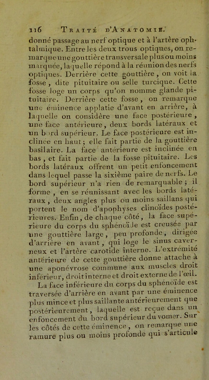 donné passage au nerf optique et à l’artère oph* talraique. Entre les deux trous optiques, on re- marque une gouttière transversale plus ou moins marquée, laquelle répond à la réunion des nerfs optiques. Derrière cette gouttière , on voit la fosse , dite pituitaire ou selle turcique. Lette fosse loge un corps qu’on nomme glande pi- tuitaire. Derrière cette fosse , on remarque une éminence applatie d’avant en arrière, à laquelle on considère une face postérieure , une face antérieure, deux bords latéraux et un b ird supérieur. Le face postérieure est in- clinée en haut; elle fait partie de la gouttière basilaire. La face antérieure est inclinée en bas , et fait partie de la fosse pituitaire. Les bords latéraux offrent un petit enfoncement dans lequel passe la sixième paire de nerfs. Le bord supérieur n’a rien de remarquable ; il forme , en se réunissant avec les bords laté- raux , deux angles plus ou moins saillans qui portent le nom d’apophyses clinoides posté- rieures. Enfin, de chaque côté, la face supé- rieure du corps du sphénoïde est creusée par une gouttière large, peu profonde, dirigée d’arrière en avant, qui loge Je sinus cavei- neux et l’artère carotide interne. L extrémité antérieure de cette gouttière donne attache a une aponévrose commune aux muscles droit inférieur, droit interne et droit externe de 1 œil. La face inférieure du corps du sphénoïde est traversée d’arrière en avant par une éminence plus mince et plus saillante antérieurement que postérieurement, laquelle est reçue dans un enfoncement du bord supérieur du voiner. bur les côtés de cette éminence , on remarque une ramure plus ou moins profonde qui s articule