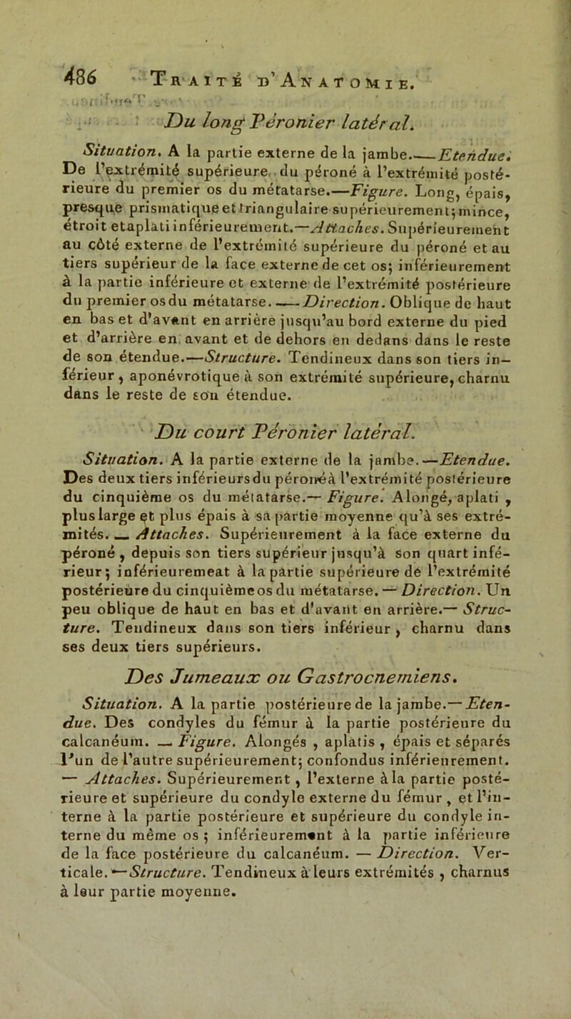 uoi ■ foieT ' Du long Péronier latér al. Situation. A la partie externe de la jambe.- Etendue. De l’extrémité supérieure du péroné à l’extrémité posté- rieure du premier os du métatarse.—Figure. Long, épais, presque prismatique et triangulaire supérieurement;mince, étroit etaplati inférieurement.'—Attaches. Supérieurement au côté externe de l’extrémité supérieure du péroné et au tiers supérieur de la face externe de cet os; inférieurement à la partie inférieure et externe de l’extrémité postérieure du premier osdu métatarse Direction. Oblique de haut en bas et d’avant en arrière jusqu’au bord externe du pied et d’arriere en avant et de dehors en dedans dans le reste de son étendue.—Structure. Tendineux dans son tiers in- férieur , aponévrotique à son extrémité supérieure, charnu dans le reste de sou étendue. Du court Péronier latéral. Situation. A la partie externe de la jambe.—Etendue. Des deux tiers inférieursdu péronéà l’extrémité postérieure du cinquième os du métatarse.— Figure. Alongé, aplati , plus large et plus épais à sa partie moyenne qu’à ses extré- mités. _ Attaches. Supérieurement à la face externe du péroné , depuis son tiers supérieur jusqu’à son quart infé- rieur ; inférieuremeat à la partie supérieure de l’extrémité postérieure du cinquièmeos du métatarse. — Direction. Un peu oblique de haut en bas et d'avant en arrière.— Struc- ture. Tendineux dans son tiers inférieur , charnu dans ses deux tiers supérieurs. Des Jumeaux ou Gastrocnemiens. Situation. A la partie postérieure de la jambe.— Eten- due. Des condyles du fémur à la partie postérieure du calcanéum. — Figure. Alongés , aplatis , épais et séparés Dun de l’autre supérieurement; confondus inférieurement. — Attaches. Supérieurement, l’externe à la partie posté- rieure et supérieure du condyle externe du fémur , et l’in- terne à la partie postérieure et supérieure du condyle in- terne du même os ; inférieurement à la partie inférieure de la face postérieure du calcanéum. — Direction. Ver- ticale. *—Structure. Tendineux à leurs extrémités , charnus à leur partie moyenne.