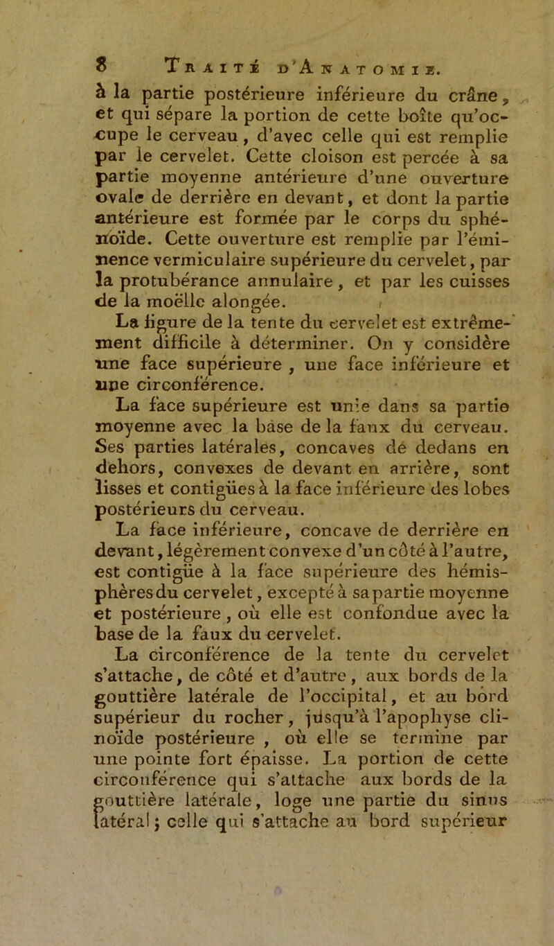 à la partie postérieure inférieure du crâne, et qui sépare la portion de cette boîte qu’oc- cupe le cerveau, d’avec celle qui est remplie par le cervelet. Cette cloison est percée à sa partie moyenne antérieure d’une ouverture ovale de derrière en devant, et dont la partie antérieure est formée par le corps du sphé- noïde. Cette ouverture est remplie par l’émi- nence vermiculaire supérieure du cervelet, par la protubérance annulaire , et par les cuisses de la moelle alongée. La ligure de la tente du cervelet est extrême- ment difficile à déterminer. On y considère une face supérieure , une face inférieure et une circonférence. La face supérieure est unie dans sa partie moyenne avec la base delà faux du cerveau. Ses parties latérales, concaves dé dedans en dehors, convexes de devant en arrière, sont lisses et contigiies à la face inférieure des lobes postérieurs du cerveau. La face inférieure, concave de derrière en devant, légèrement convexe d’un côté à l’autre, est contigiie à la face supérieure des hémis- phères du cervelet, excepté à sa partie moyenne et postérieure , où elle est confondue avec la hase de la faux du cervelet. La circonférence de la tente du cervelet s’attache, de côté et d’autre , aux bords de la gouttière latérale de l’occipital, et au bord supérieur du rocher, jilsqu’à l’apophyse cli- noïde postérieure , où elle se termine par une pointe fort épaisse. La portion de cette circonférence qui s’attache aux bords de la fjouttière latérale, loge une partie du sinus atéral ; celle qui s’attache au bord supérieur