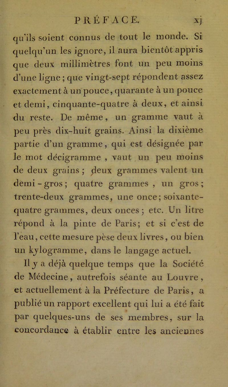 qu’ils soient connus de tout le inonde. Si quelqu’un les ignore, il aura bientôt appris que deux millimètres font un peu moins d’une ligne ; que vingt-sept répondent assez exactement à un pouce, quarante à un pouce et demi, cinquante-quatre à deux, et ainsi du reste. De même, un gramme vaut à peu près dix-huit grains. Ainsi la dixième partie d’un gramme, qui est désignée par le mot décigramme , vaut un peu moins de deux grains ; deux grammes valent un demi-gros; quatre grammes , un gros; trente-deux grammes, une once ; soixante- quatre grammes, deux onces; etc. Un litre répond à la pinte de Paris; et si c’est de l’eau, cette mesure pèse deux livres, ou bien un kilogramme, dans le langage actuel. Il j a déjà quelque temps que la Société de Médecine, autrefois séante au Louvre, et actuellement à la Préfecture de Paris, a publié un rapport excellent qui lui a été fait par quelques-uns de ses membres, sur la concordance à établir entre les anciennes