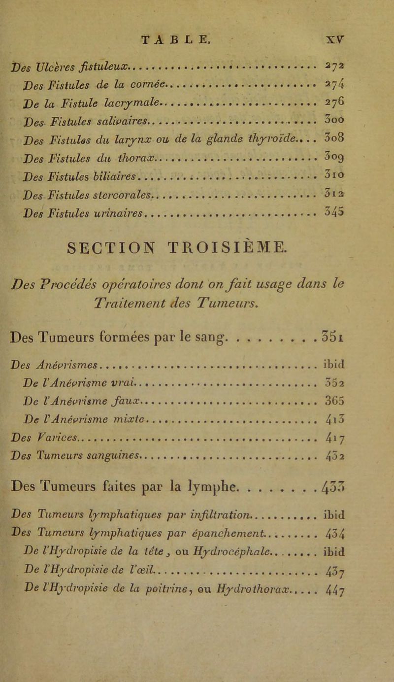 Des Ulcères fistuleux 272 D es Fistules de la cornée 274 De la Fistule lacrymale 276 Des Fistules salivaires 5oo Des Fistules du larynx ou de la glande thyroïde.. .. 008 Des Fistules du thorax 3 09 Des Fistules biliaires 31 o Des Fistules stcrcorales 51 a Des Fistules urinaires 545 SECTION TROISIÈME. Des Procédés opératoires dont on fait usage dans le Traitement des Tumeurs. Des Tumeurs formées par le sang 351 Des Anévrismes ibicl De VAnévrisme vrai 352 De l’Anévrisme d'aux 365 De VAnévrisme mixte 4i3 Des Varices 417 Des Tumeurs sanguines 432 Des Tumeurs faites par la lymphe Des Tumeurs lymphatiques par infiltration ibid Des Tumeurs lymphatiques par épanchement 434 De l’Hydropisie de la tête ou Hydrocéphale.. ibid De l'Hydropisie de l’œil 437 De l'Hydropisie de la poitrine, ou Hydro thorax 447