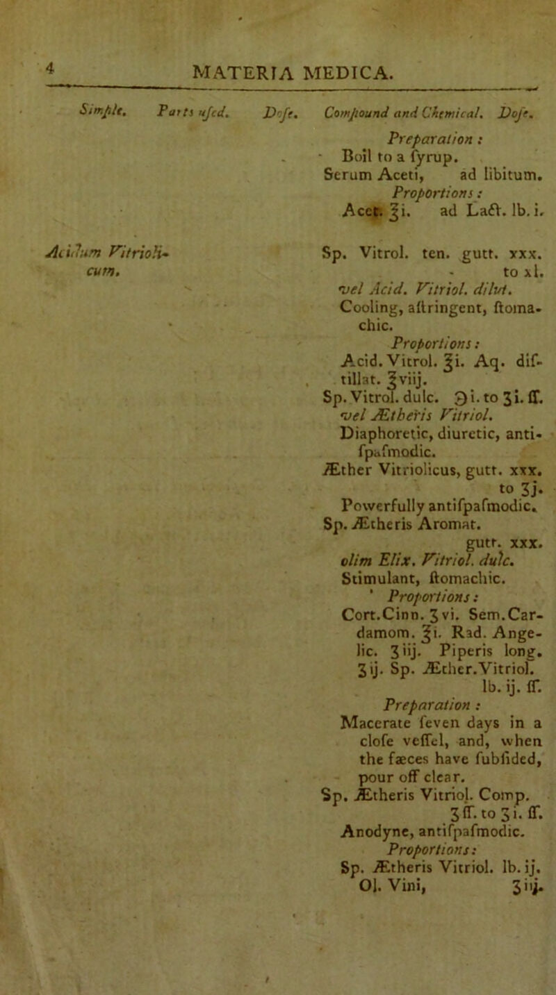 Sur.pit. Parts rtjcd. DoJ~(. Compound and Chemical. Doje. Preparation s • Boil to a fyrup. Serum Aceti, ad libitum. Proportions: Acct; Ji. ad La£V. lb. i« At iilum Vitriolic cun. Sp. Vitrol. ten. gutt. xxx. to xl. mel Acid. Vitriol, dilvt. Cooling, aflringent, ftoma- chic. Proportions: Acid. Vitrol. Ji. Aq. dif- tillat. Jviij. Sp. Vitrol. dulc. 9i.to3i. ff. me l Ait her is Vitriol. Diaphoretic, diuretic, anti* fpafmodic. Either Vitriolicus, gutt. xxx. to 3j. Powerfully antifpafmodic. Sp. AStheris Aromat. gutt. xxx. dim Elix. Vitriol, dulc. Stimulant, ftomachic. ' Proportions: Cort.Cinn. 3 vi. Sem.Car- damom. Ji. Rad. Ange- lic. 3''j- Piperis long. 3 ij. Sp. ALther.Vitriol. lb. ij. (T. Preparation : Macerate feven days in a clofe veffel, and, when the faeces have fublided, pour off clear. Sp. ALtheris Vitriol. Comp. 3 IT. to 3 i. (T. Anodyne, antifpafmodic. Proportions: Sp. AEtheris Vitriol, lb. ij, Ol. Vini, 3i'J*