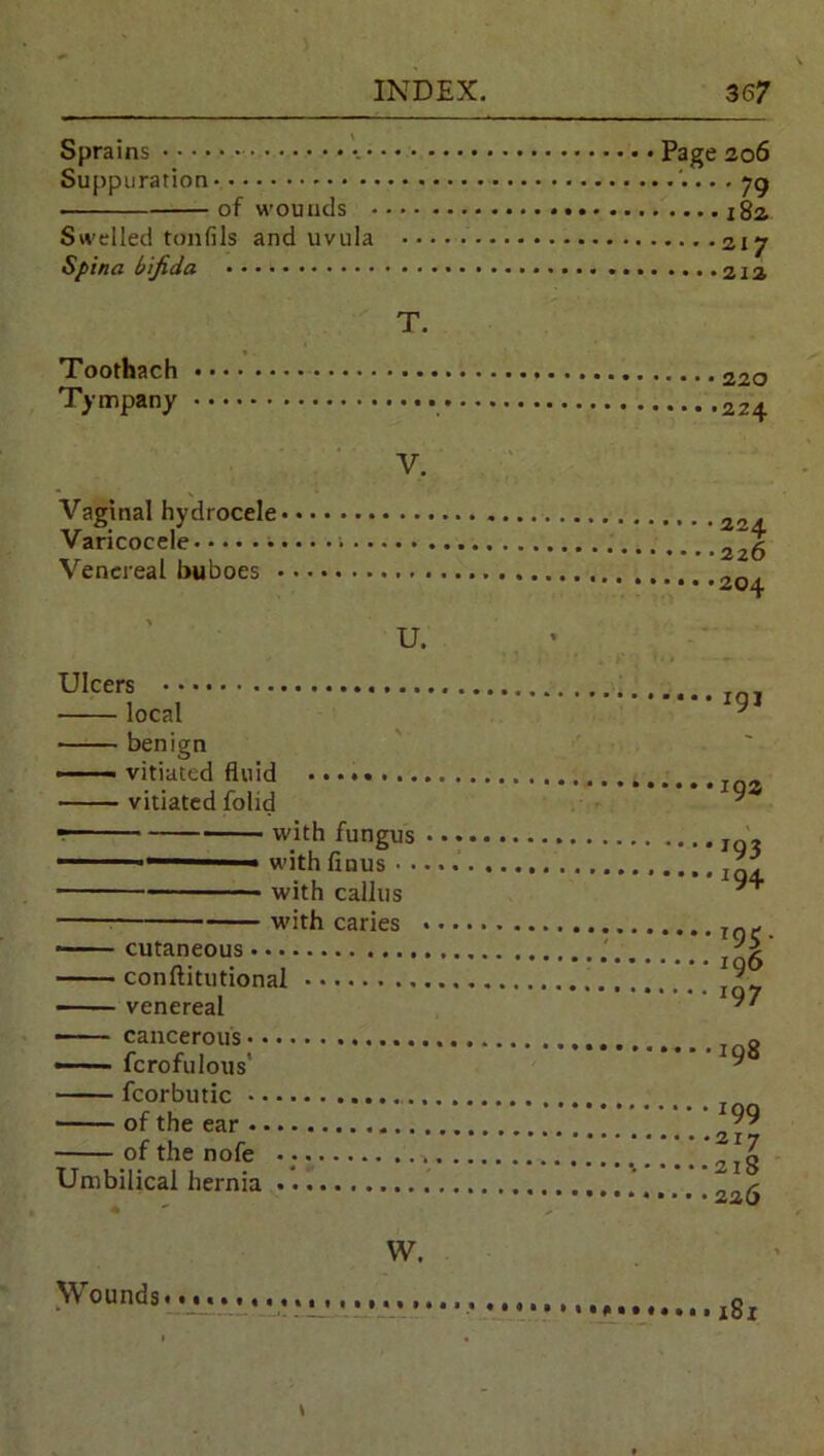 Sprains Page 206 Suppuration . 7g of wounds Sz Swelled ton(ils and uvula 217 Spina bifida T. Toothach Tympany V. Vaginal hydrocele Varicocele Venereal buboes U. Ulcers local benign —— vitiated fluid vitiated folid —— with fungus 1 *—■ « with finus • • with callus with caries — cutaneous conftitutional venereal • cancerous —- fcrofulous fcorbutic of the ear of the nofe Umbilical hernia .. W. 220 224 224 226 204 191 19a 193 194 r97 198 199 217 218 226 181 Wounds