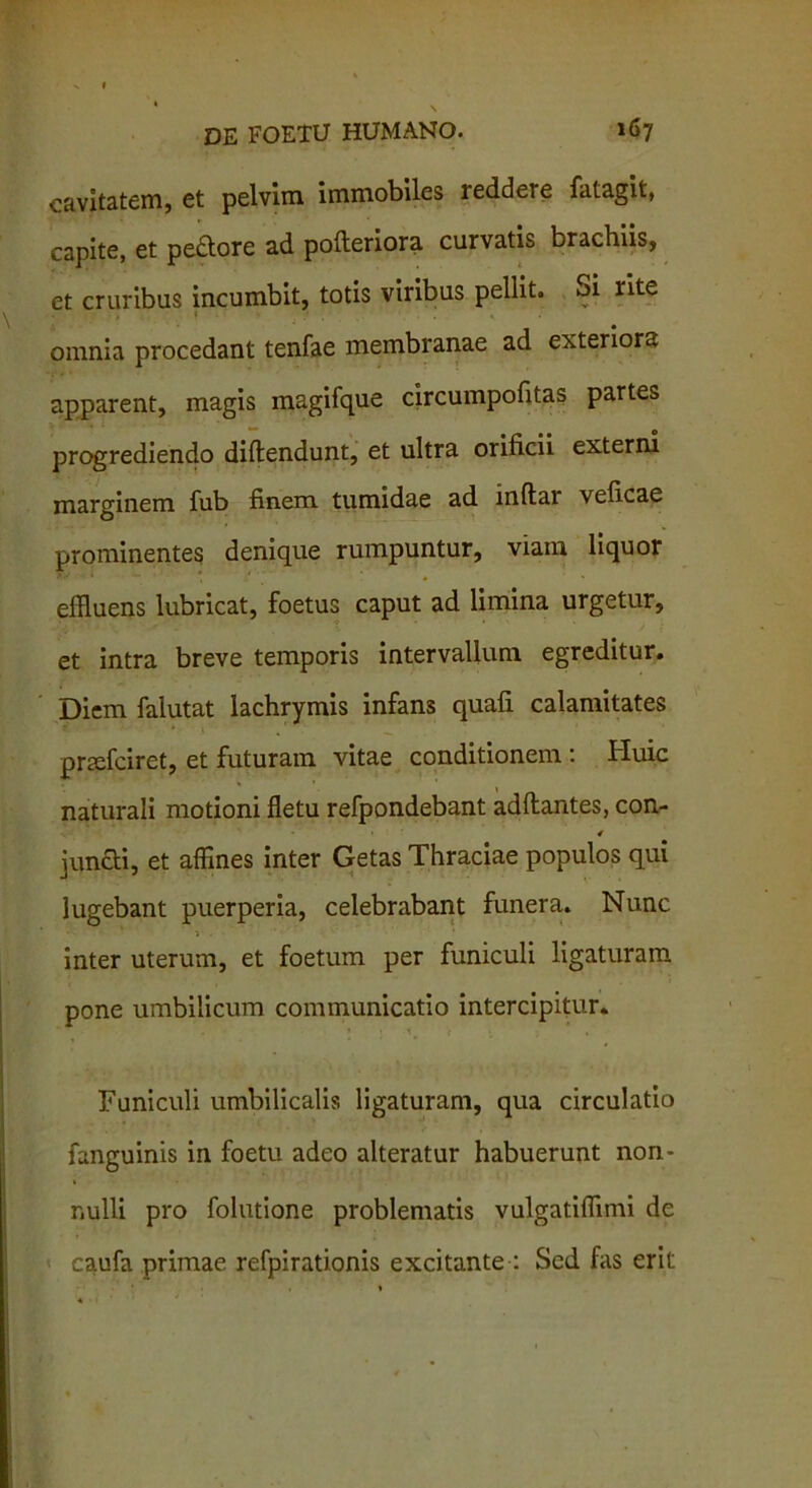 cavitatem, et pelvim immobiles reddere fatagit, capite, et pedore ad pofteriora curvatis brachiis, et cruribus incumbit, totis viribus pellit. Si rite omnia procedant tenfae membranae ad exteriora apparent, magis inagifque circumpofitas partes progrediendo diftendunt, et ultra orificii externi marginem fub finem tumidae ad inflar veficae prominentes denique rumpuntur, viam liquor effluens lubricat, foetus caput ad limina urgetur, et intra breve temporis intervallum egreditur. Diem falutat lachrymis infans quafi calamitates pnefciret, et futuram vitae conditionem : Huic naturali motioni fletu refpondebant adftantes, con- jundi, et affines inter Getas Thraciae populos qui lugebant puerperia, celebrabant funera. Nunc inter uterum, et foetum per funiculi ligaturam pone umbilicum communicatio intercipitur. Funiculi umbilicalis ligaturam, qua circulatio fanguinis in foetu adeo alteratur habuerunt non- nulli pro folutione problematis vulgatiffimi de caufa primae refpirationis excitante : Sed fas erit