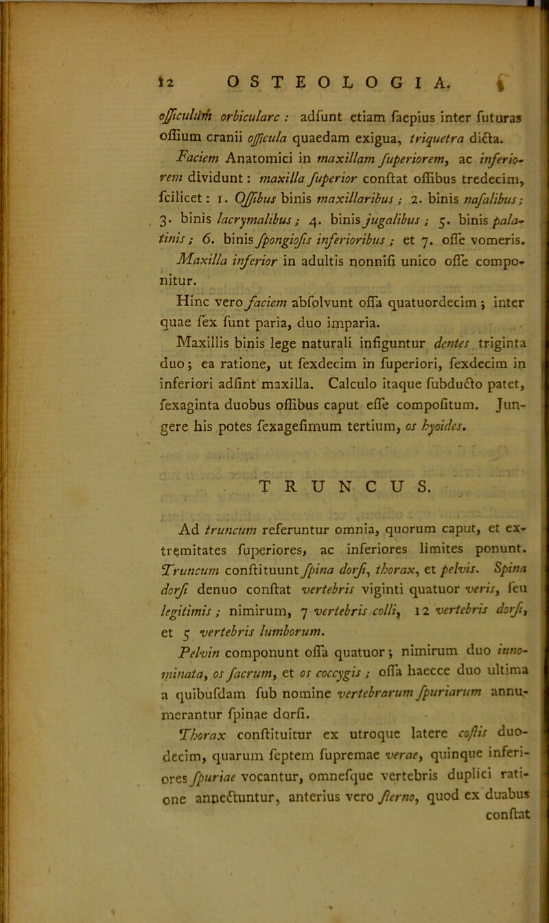 ojjiculiirh orbiculare : adfunt etiam faepius inter futuras offium cranii ojfcttla quaedam exigua, triquetra didla. Faciem Anatomici in maxillam fuperiorem, ac inferio- rem dividunt: maxilla fuperior conflat offibus tredecim, fcilicet: i. OJfibus binis maxillaribus; 2. binis nafalibus; 3. binis lacrimalibus; 4. binis jugalibus; 5. binis pala- tinis ; 6. binis fpongiofis inferioribus ; et 7. ofle vomeris. Maxilla inferior in adultis nonnifi unico ofTe compo- nitur. Hinc vero faciem abfolvunt offa quatuordecim 5 inter quae fex funt paria, duo imparia. Maxillis binis lege naturali infiguntur dentes triginta duo; ea ratione, ut fexdecim in fuperiori, fexdecim in inferiori adfint maxilla. Calculo itaque fubduclo patet, fexaginta duobus ofiibus caput efie compofitum. Jun- gere his potes fexagefimum tertium, os hyoides. TRUNCUS. Ad truncum referuntur omnia, quorum caput, et ex- tremitates fuperiores, ac inferiores limites ponunt. Truncum conftituunt fpitta dorft, thorax, et pelvis. Spina dorft denuo conflat vertebris viginti quatuor veris, feu legitimis; nimirum, 7 vertebris colli, 12 vertebris dorft, et 5 vertebris lumborum. Pelvin componunt offa quatuor; nimirum duo inno- minata, os facrum, et os coccygis ; offa haecce duo ultima a quibufdam fub nomine vertebrarum fpuriarum annu- merantur fpinae dorfi. Thorax conflituitur ex utroque latere cofis duo- decim, quarum feptem fupremae verae, quinque inferi- ores fpuriae vocantur, omnefque vertebris duplici rati- one annedluntur, anterius vero fler no, quod ex duabus conflat