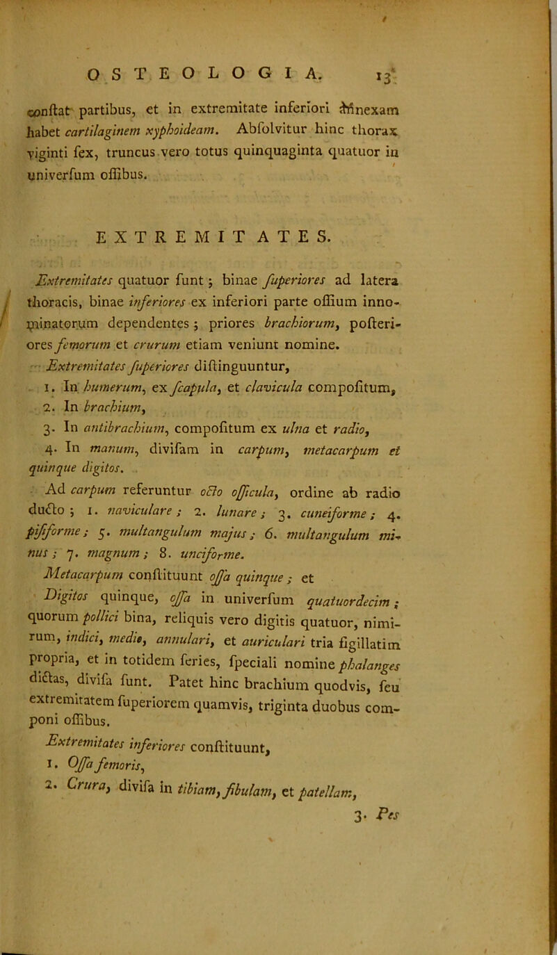 i conftat partibus, et in extremitate inferiori innexam habet cartilaginem xiphoideam. Abfolvitur hinc thorax ■yiginti fex, truncus vero totus quinquaginta quatuor iu / univerfum ofljbus. EXTREMIT ATES. Extremitates quatuor funt j binae fuperiores ad latera thoracis, binae inferiores ex inferiori parte offium inno- minatorum dependentes ; priores brachiorum, pofteri- ores femorum et crurum etiam veniunt nomine. Extremitates fuperiores diflinguuntur, 1. In humerum, ex fcapula, et clavicula compofitum, 2. In brachium, 3. In antibrachium, compofitum ex ulna et radio, 4. In manum, divifam in carpum, metacarpum et quinque digitos. Ad carpum referuntur 0EI0 ojftcula, ordine ab radio du£to ; 1. naviculare; 2. lunare; 3. cuneiforme; 4. pfforme; 5. multangulum majus; 6. multangulum mi- nus ; 7. magnum; 8. unciforme. Metacarpum condituum offa quinque ; et Digitos quinque, offa in univerfum quatuordecim; quorum pollici bina, reliquis vero digitis quatuor, nimi- rum, indici, medie, annulari, et auriculari tria figillatim propria, et in totidem feries, fpeciali nomine phalanges diftas, divifa funt. Patet hinc brachium quodvis, feu extremitatem fuperiorem quamvis, triginta duobus com- poni offibus. Extremitates inferiores conftituunt, 1 • Q/fa f'moris, 2. Crura, divifa in tibiam, fibulam, et patellam,