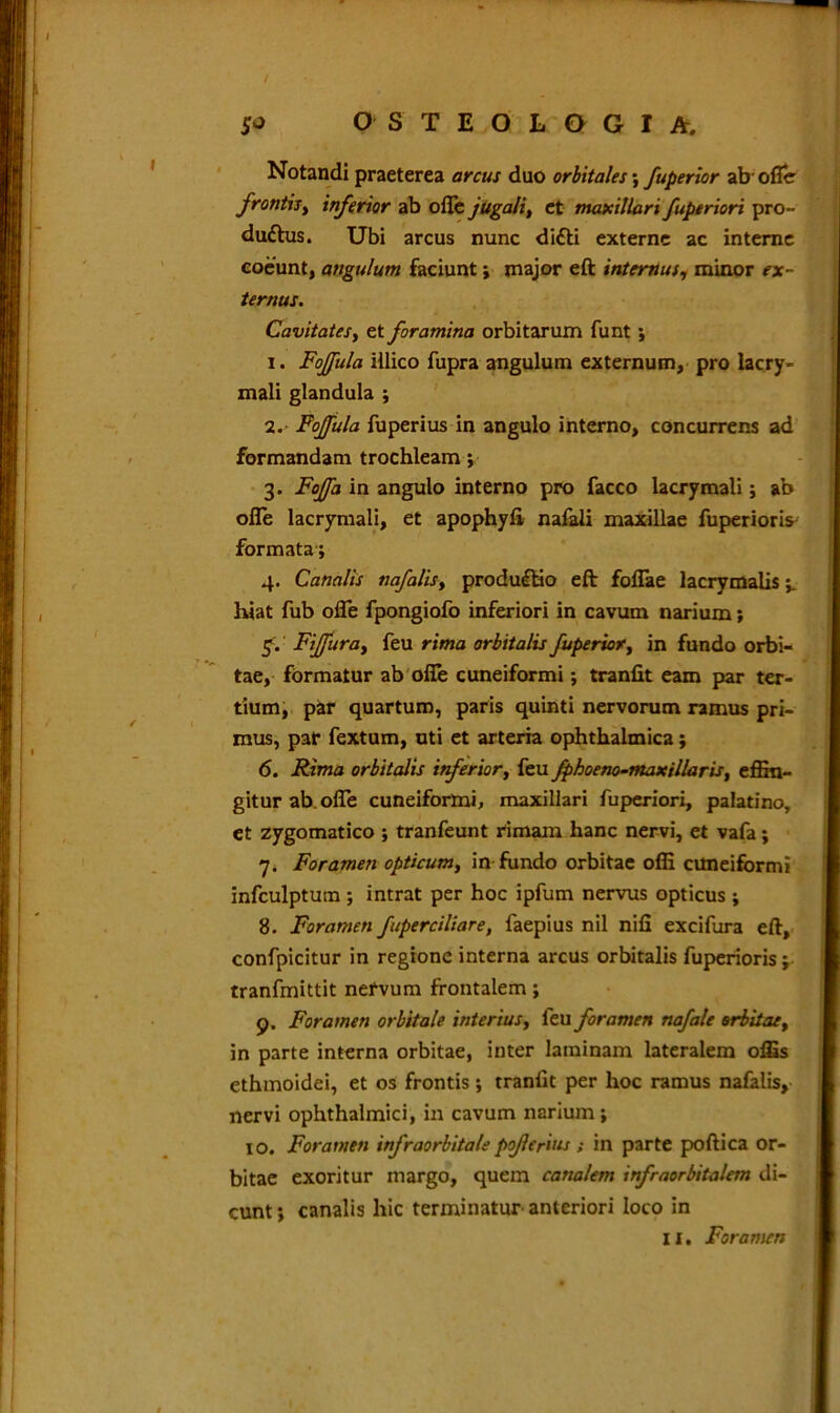 / OSTEOLQGIA. S° Notandi praeterea arcus duo orbitales; fuperior ab- ofle frontis, inferior ab ofle jugali, et maxillari fuptriori pro- dufftis. Ubi arcus nunc difti externe ac interne coeunt, angulum faciunt ; major eft internus, minor ex- ternus. Cavitates, et foramina orbitarum funt ; 1. Fojfula iilico fupra angulum externum, pro lacry- mali glandula ; 2. Fojfula fuperius in angulo interno, concurrens ad formandam trochleam; 3. Fojfa in angulo interno pro facco lacrymali; ab ofle lacrymali, et apophyfi nafali maxillae fuperioris formata; 4. Canalis nafalis, produftio eft foflae lacrymalis ;. hiat fub ofle fpongiofo inferiori in cavum narium; g. Fiffura, feu rima orbitalis fuperior, in fundo orbi- tae, formatur ab ofle cuneiformi; tranfit eam par ter- tium, par quartum, paris quinti nervorum ramus pri- mus, par fextum, uti et arteria ophthalmica ; 6. Rima orbitalis inferior, feu Jphoeno-maxillaris, effin- gitur ab ofle cuneiformi, maxillari fuperiori, palatino, et zygomatico ; tranfeunt rimam hanc nervi, et vafa; 7. Foramen opticum, in fundo orbitae offi cuneiformi infculptutn ; intrat per hoc ipfum nervus opticus ; 8. Foramen fuperciliare, faepius nil nifi excifura eft, confpicitur in regione interna arcus orbitalis fuperioris; tranfmittit nervum frontalem; 9. Foramen orbitale interius, feu foramen nafale orbitae, in parte interna orbitae, inter laminam lateralem offis ethmoidei, et os frontis; tranflt per hoc ramus nafalis, nervi ophthalmici, in cavum narium ; 10. Foramen infraorbitale p ferius ; in parte poftica or- bitae exoritur margo, quem canalem infraorbitalem di- cunt ; canalis hic terminatur anteriori loco in II. Foramen