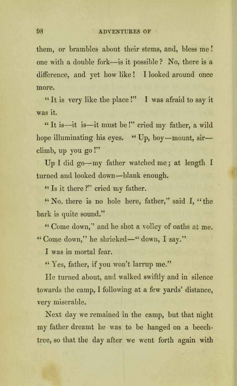 them, or brambles about their stems, and, bless me! one with a double fork—is it possible ? No, there is a difference, and yet how like ! I looked around once more. “ It is very like the place I” I was afraid to say it was it. “ It is—it is—it must be !” cried my father, a wild hope illuminating bis eyes. “ Up, boy—mount, sir— climb, up you go !” Up I did go—my father watched me; at length I turned and looked down—blank enough. “ Is it there ?” cried my father. “No, there is no hole here, father,” said I, “the bark is quite sound.” “ Come down,” and he shot a volley of oaths at me. “ Come down,” he shrieked—“ down, I say.” I was in mortal fear. “ Yes, father, if you won’t larrup me.” He turned about, and walked swiftly and in silence towards the camp, I following at a few yards’ distance, very miserable. Next day we remained in the camp, but that night my father dreamt he was to be hanged on a beech- tree, so that the day after we went forth again with