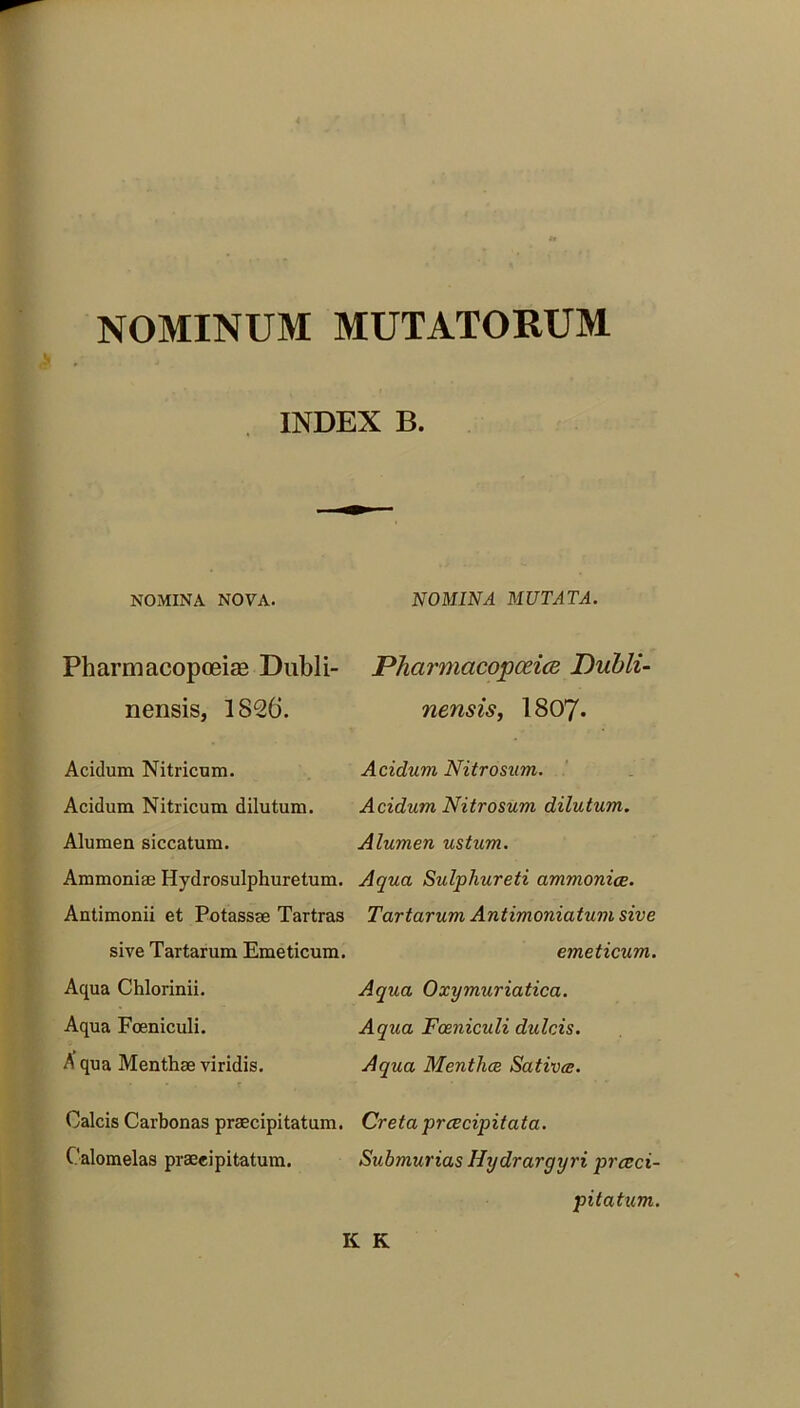 INDEX B. NOMINA NOVA. Pharmacopceiee Dubli- nensis, 1S26. Acidum Nitricum. Acidum Nitricum dilutum. Alumen siccatum. Ammonise Hydrosulphuretum. Antimonii et Potassse Tartras sive Tartarum Emeticum. Aqua Chlorinii. Aqua Fceniculi. A qua Menthae viridis. Calcis Carbonas praecipitatum. Oalomelas praecipitatum. NOMINA MUTATA. Pharnicicopceice Dubli- nensis, I807. Acidum Nitrosum. Acidum Nitrosum dilutum. Alumen ustum. Aqua Sulphureti ammonice. Tartarum Antimoniatum sive emeticum. Aqua Oxymuriatica. Aqua Fceniculi dulcis. Aqua Menthce Sativa. Creta prcecipitata. Submurias Hydrargyri prceci- pitatum. K K