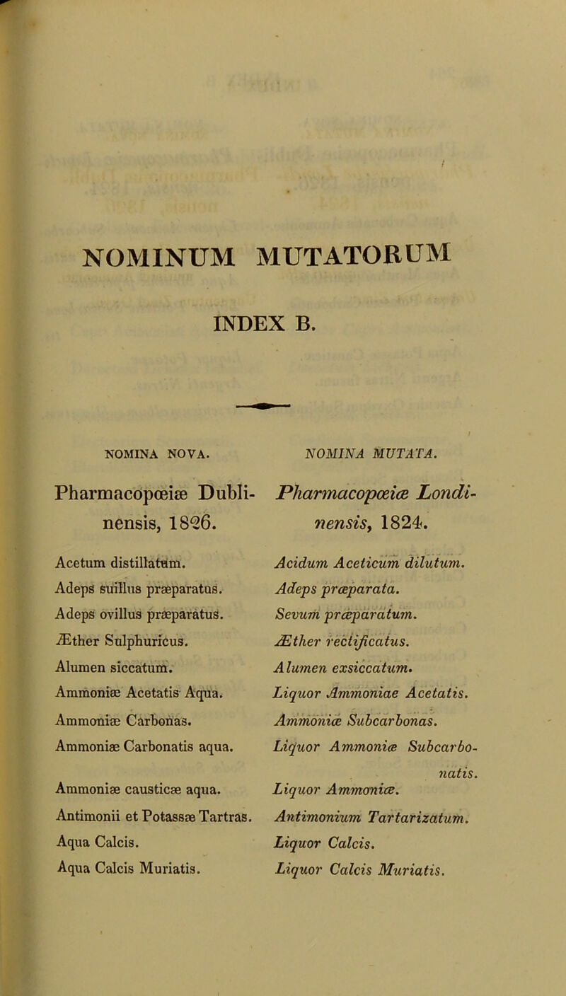 INDEX B. NOMINA NOVA. PharmacopceiEe Dubli- nensis, 1826. Acetum distillatum. Adeps suillus praeparatus. Adeps ovillus praeparatus. -ZEther Sulphuricus. Alumen siccatum. Ammoniae Acetatis Aqua. Ammoniae Carbonas. Ammoniae Carbonatis aqua. Ammoniae causticae aqua. Antimonii et Potassae Tartras. Aqua Calcis. Aqua Calcis Muriatis. NOMINA MUTATA. Pharmacopoeice Londi- nensiSy 1824. Acidum. Aceticum dilutum. Adeps praeparata. Sevum praeparatum. JEther rectijicatus. Alumen exsiccatum. Liquor Ammoniae Acetatis. Ammoniae Subcarbonas. Liquor Ammoniae Subcarbo- natis. Liquor Ammoniae. Antimonium Tartarizatum. Liquor Calcis. Liquor Calcis Muriatis.