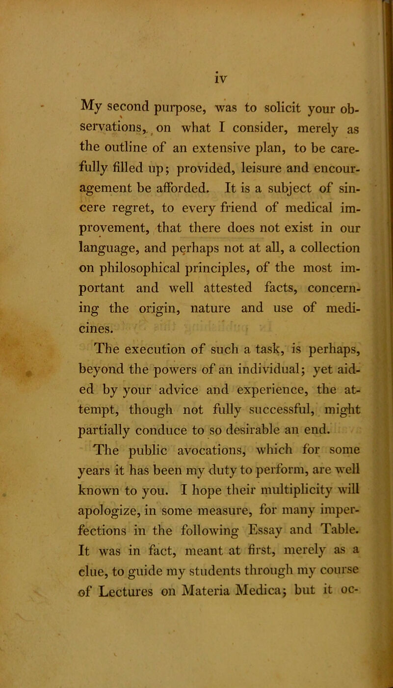 My second purpose, was to solicit your ob- servations, on what I consider, merely as the outline of an extensive plan, to be care- fully filled up; provided, leisure and encour- agement be afforded. It is a subject of sin- cere regret, to every friend of medical im- provement, that there does not exist in our language, and perhaps not at all, a collection on philosophical principles, of the most im- portant and well attested facts, concern- ing the origin, nature and use of medi- cines. The execution of such a task, is perhaps, beyond the powers of an individual; yet aid- ed by your advice and experience, the at- tempt, though not fully successful, might partially conduce to so desirable an end. The public avocations, which for some years it has been my duty to perform, are well known to you. I hope their multiplicity will apologize, in some measure, for many imper- fections in the following Essay and Table. It was in fact, meant at first, merely as a elue, to guide my students through my course of Lectures on Materia Medica; but it oc-