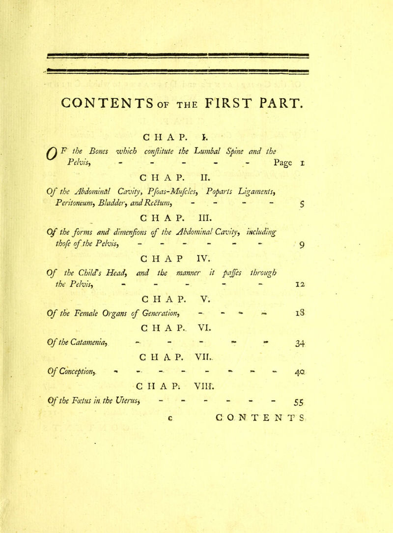 CHAP. I. ^ F the Bones which conjiitute the Lumbal Spine and the Pelvis, - Page C H A P. II. Of the Abdominal Cavity, Pfoas-Mufcles, Poparts Ligaments*, Peritoneum, Bladder, and Pc Slum, - - - 5 CHAP. III. 0/ /A forms and dlmenjions of the Abdominal Cavity, including thofe of the Pelvis, - - - 9 CHAP IV. Of the ChilcFs Head, and the manner it pajfes the Pelvis, - through 12 CHAP. O/’ the Female Organs of Generation, V. l8 CHAP. Of the Catamenia, VI. W 34 C tl A P. Of Conception,. VIL <» 3*o*. tsn. 40 CHAP; Of the Foetus in. the Uterus j VIH. - - 55