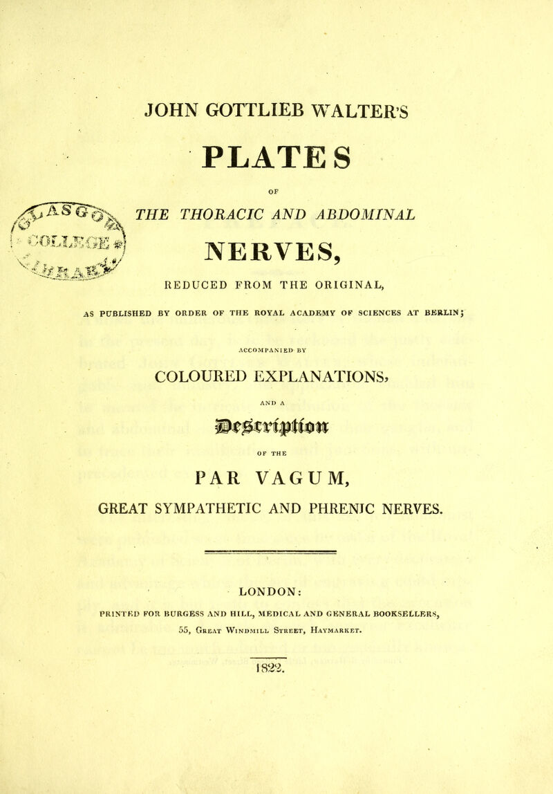 PLATES OF the thoracic and abdominal UmAMGEj NERVES, REDUCED FROM THE ORIGINAL, AS PUBLISHED BY ORDER OF THE ROYAL ACADEMY OP SCIENCES AT BERLIN ACCOMPANIED BY COLOURED EXPLANATIONS, AND A OF THE PAR VAGUM, GREAT SYMPATHETIC AND PHRENIC NERVES. LONDON: PRINTED FOR BURGESS AND HILL, MEDICAL AND GENERAL BOOKSELLERS, 55, Great Windmill Street, Haymarket. 1822.