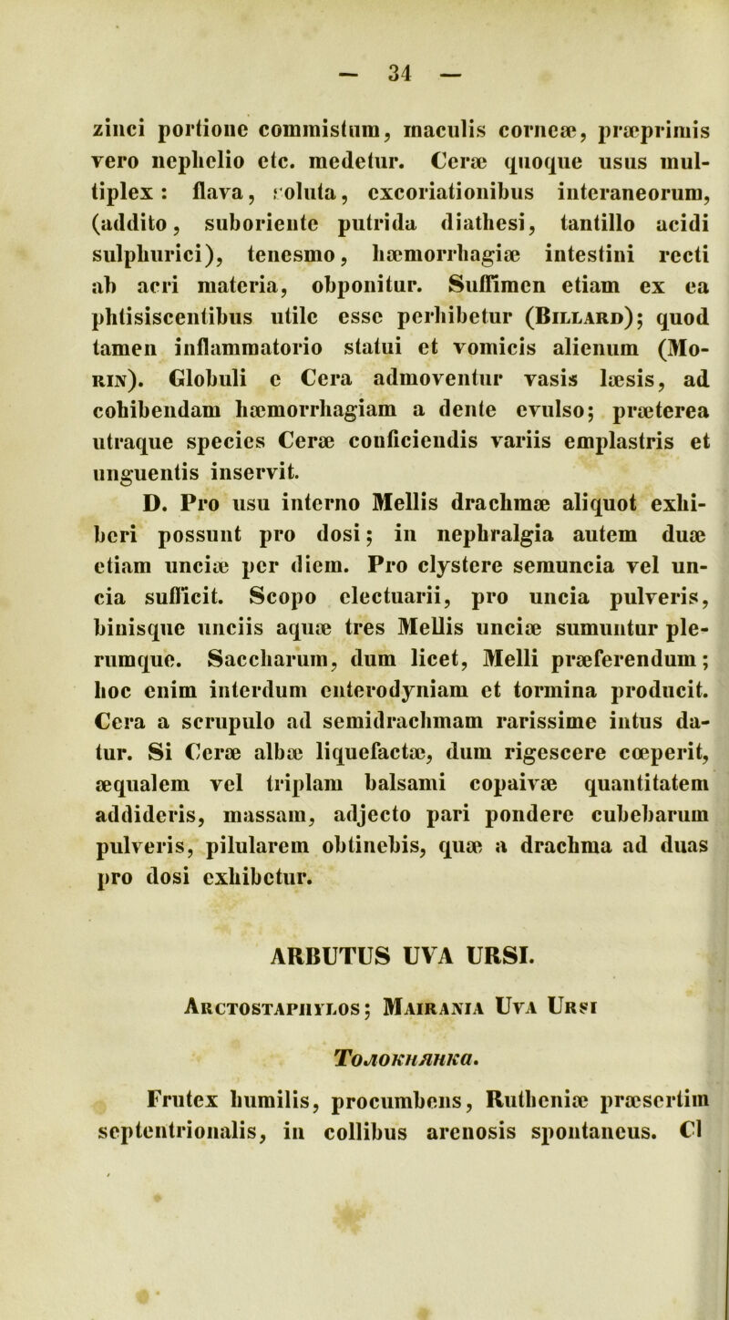 zinci portione coministiim, maculis comese, praepriniis vero iiepliclio etc. medetur. Ccrse (pioqiie usus mul- tiplex : flava, roluta, excoriationibus interaneorum, (addito, suboriente putrida diathesi, tantillo acidi sulpburici), tenesmo, liaemorrbagise intestini recti ab acri materia, obponitur. Suffimen etiam ex ea phtisiscentibus utile esse perbibetur (Billard); quod tamen inflammatorio statui et vomicis alienum (Mo- rin). Globuli e Cera admoventur vasis laesis, ad cobibendam hsemorrliagiam a dente evulso; praeterea utraque species Cerae conficiendis variis emplastris et unguentis inservit. D. Pro usu interno Mellis drachmae aliquot exhi- beri possunt pro dosi; in nephralgia autem duae etiam unciae per diem. Pro clystere semuncia vel un- cia sufficit. Scopo clectuarii, pro uncia pulveris, binisqiie unciis aquae tres Mellis unciae sumuntur ple- rumque. Saccharum, dum licet. Melli praeferendum; hoc enim interdum enterodyniam et tormina producit. Cera a scrupulo ad semidrachmam rarissime intus da- tur. Si Cerae albae liquefactae, dum rigescere coeperit, aequalem vel triplam balsami copaivae quantitatem addideris, massam, adjecto pari pondere cubebarum pulveris, pilularem obtinebis, quae a drachma ad duas pro dosi exhibetur. ARBUTUS UVA URSI. Arctostapiiilos; Mairaxia Uva Ursi TOJlOKH/lHKa. Frutex humilis, procumbens, Rutheniae praesertim septentrionalis, in collibus arenosis spontaneus. C1