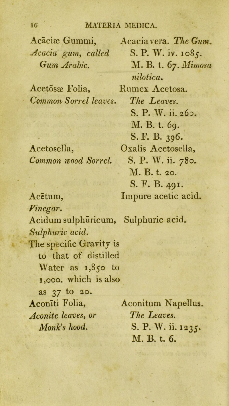 Acaciae Gummi, Acaciavera. The Gum. Acacia gum, called S. P. W. iv. 1085. Gum Arabic. M. B. t. 67. Mimosa nilotica. Acetosae Folia, Rumex Acetosa. Common Sorrel leaves. The Leaves. S. P. W. ii. 260. M. B. t. 69. S. F. B. 396. Acetosella, Oxalis Acetosella, Common zvoocl Sorrel. S. P. W. ii. 780. M. B. t. 20. 1 S. F. B. 491. Ace turn, Impure acetic acid. Vinegar. Acidum sulphuricum, Sulphuric acid. Sulphuric acid. The specific Gravity is to that of distilled Water as 1,850 to i,ooo. which is also as 37 to 20. Aconlti Folia, Aconitum Napellus. Aconite leaves, or The Leaves. Monies hood. S. P. W. ii. 1235. M. B. t. 6.