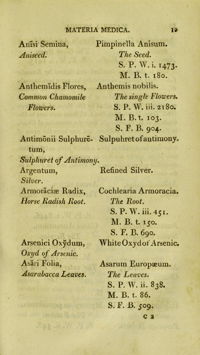 Arrisi Semina, Aniseed. i Anthemidis Flores, Common Chamomile Flowers. Antimonii Sulphure- tum, Sulphuret of Antimony. Argentum, Silver. Armoraciae Radix, Horse Radish Root. Arsenici Oxydum, Oocyd of Arsenic. Asari Folia, Asarahacca Leaves. Pimpinella Anisum. The Seed. S. P. W.i. 1473. M. B. t. 180. 1 Anthemis nobilis. The single Flowers• S. P. W. iii. 2180. M. B. t. 103. S. F. B. 904. Sulpuhret of antimony. Refined Silver. Cochlearia Armoracia. The Root. S. P. W. iii. 451. M. B. t. 150. S. F. B. 690. White Oxydof Arsenic. Asarum Europaeum. The Leaves. S. P. W. ii. 838. M. B. t. 86. S. F. B. 509.