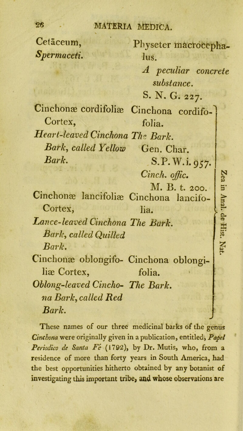 Cetacenm, Physeter macrocepha- Spermaceti. ]us. A peculiar concrete substance. S. N. G. 227. Cinchonae cordifoliae Cinchona cordifo- Cortex, folia. Heart-leaved Cinchona The Bark. Bark, called Yellow Gen. Char. Bark. S.P.W.i.957. Cinch, offic. M. B. t. 200. Cinchonae lancifoliae Cinchona lancifo- Cortex, lia. Lance- leaved Cinchona The Bark. Bark, called Quilled Bark. Cinchonae oblongifo- Cinchona oblongi- hae Cortex, folia. Oblong-leaved Cincho- The Bark, na Baidc, called Red Bark. These names of our three medicinal barks of the genus Cinchona were originally given in a publication, entitled, Papel Periodtco de Santa Fe (1792), by Dr. Mutis, who, from a residence of more than forty years in South America, had the best opportunities hitherto obtained by any botanist of investigating this important tribe, and whose observations are