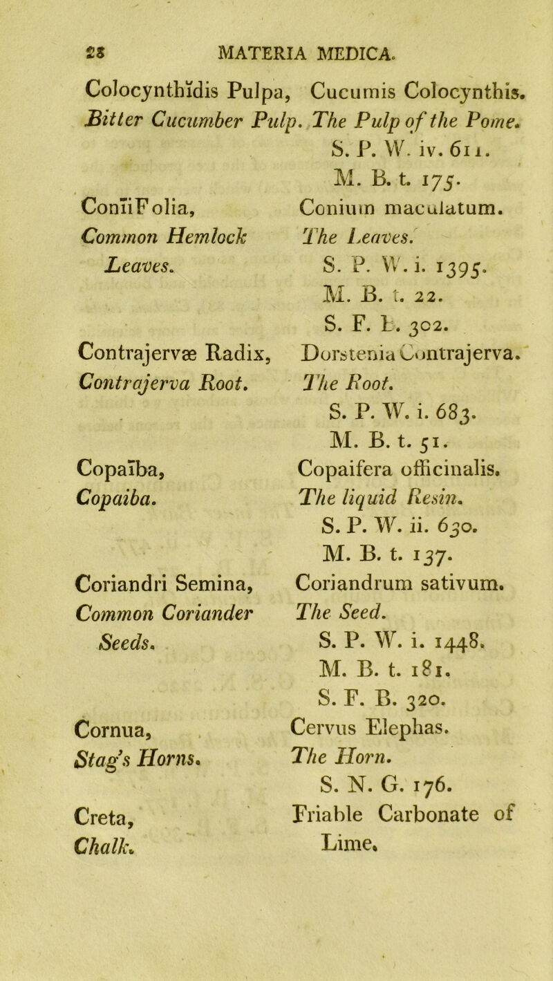 Colocynthidis Pulpa, Cucumis Colocynthis. Bitter Cucumber Pulp. The Pulp o f the Pome- S. P. W. iv. 611. ConiiFolia, Common Hemlock Leaves. Contrajervae Radix, Contrajerva Root. Copaiba, Copaiba. Coriandri Semina, Common Coriander Seeds. Cornua, Stags Horns. Creta, Chalk* M. B. t. 175. Conium macuiatum. The Leaves. S. P. W. i. 1395. M. B. t. 22. S. F. I. 302. Dorstenia rntrajerva. I ke Root. S. P. W. i. 683. M. B. t. 51. Copaifera officinalis. The liquid Resin. S. P. W. ii. 630. M. B. t. 137. Coriandrum sativum. The Seed. S. P. W. i. 1448. M. B. t. 181. S. F. B. 320. Cervus Elephas. The Horn. S. N. G. 176. Friable Carbonate of Lime*
