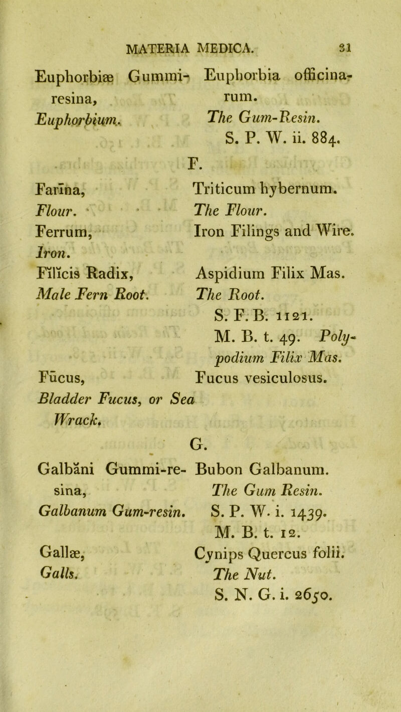 Euphorbiae Gummi- resina, Euphorbium... Euphorbia officina- rum. The Gum-Resin. S. P. W. ii. 884. Farina, Flour. ' Ferrum, Iron. Filicis Radix, Male Fern Root. F. Triticum hybernum. The Flour. Iron Filings and Wire. Aspidium Filix Mas. The Root. S. F. B. 1121. M. B. t. 49. Poly podium Filix Mas. Fucus, Fucus vesiculosus. Bladder Fucus, or Sea Wrack. G. Galbani Gummi-re- Bubon Galbanum. sina, The Gum Resin. Galbanum Gum-resin. S. P. W. i. 1439. M. B. t. 12. Gallae, Cynips Quercus folii. Galls. The Nut. S. N. G. i. 2650. 1