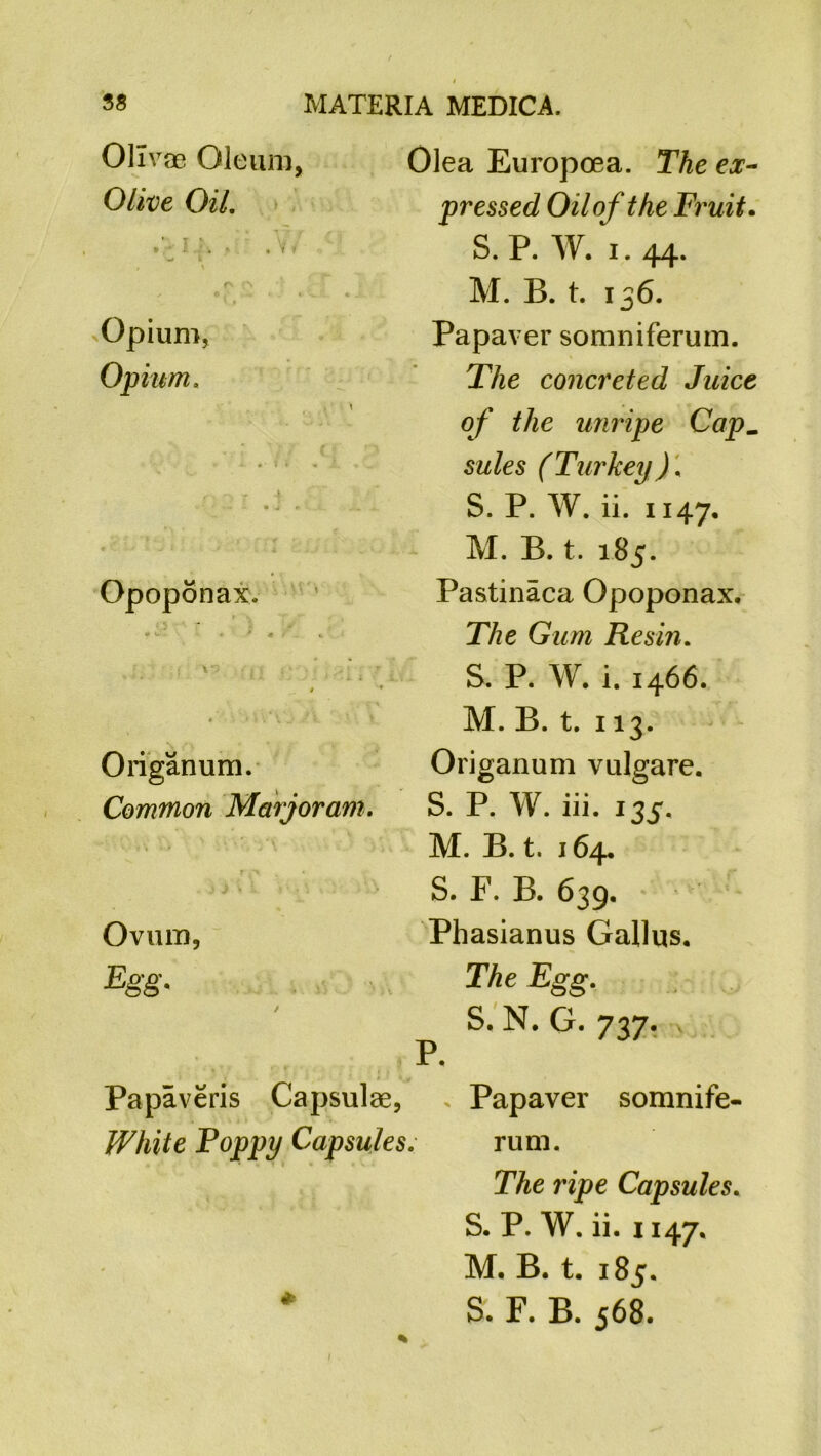 Ollvae Oleum, Olive Oil. i..;. . .V/ , \ V ,i Opium, Opium. Opoponax. w V> « ■* <f ; Origanum. Common Marjoram. ^ J> V L J * ■* * ■; . > , Ovum, Egg. t Papaveris Capsulae, White Poppy Capsules: Olea Europoea. The ex- pressed Oilofthe Fruit. S. P. W. i. 44. M. B. t. 136. Papaver somniferum. The concreted Juice of the unripe Cap_ szzfe (Turkey). S. P. W. ii. 1147. M. B. t. 185. Pastinaca Opoponax. The Gum Resin. S. P. W. i. 1466. M. B. t. 113. Origanum vulgare. S. P. W. iii. 135. M. B. t. 164. S. F. B. 639. Phasianus Gallus. The Egg. S. N. G. 737. ’ P. > Papaver somnife- rum. The ripe Capsules. S. P. W. ii. 1147. M. B. t. 185. S. F. B. 568.