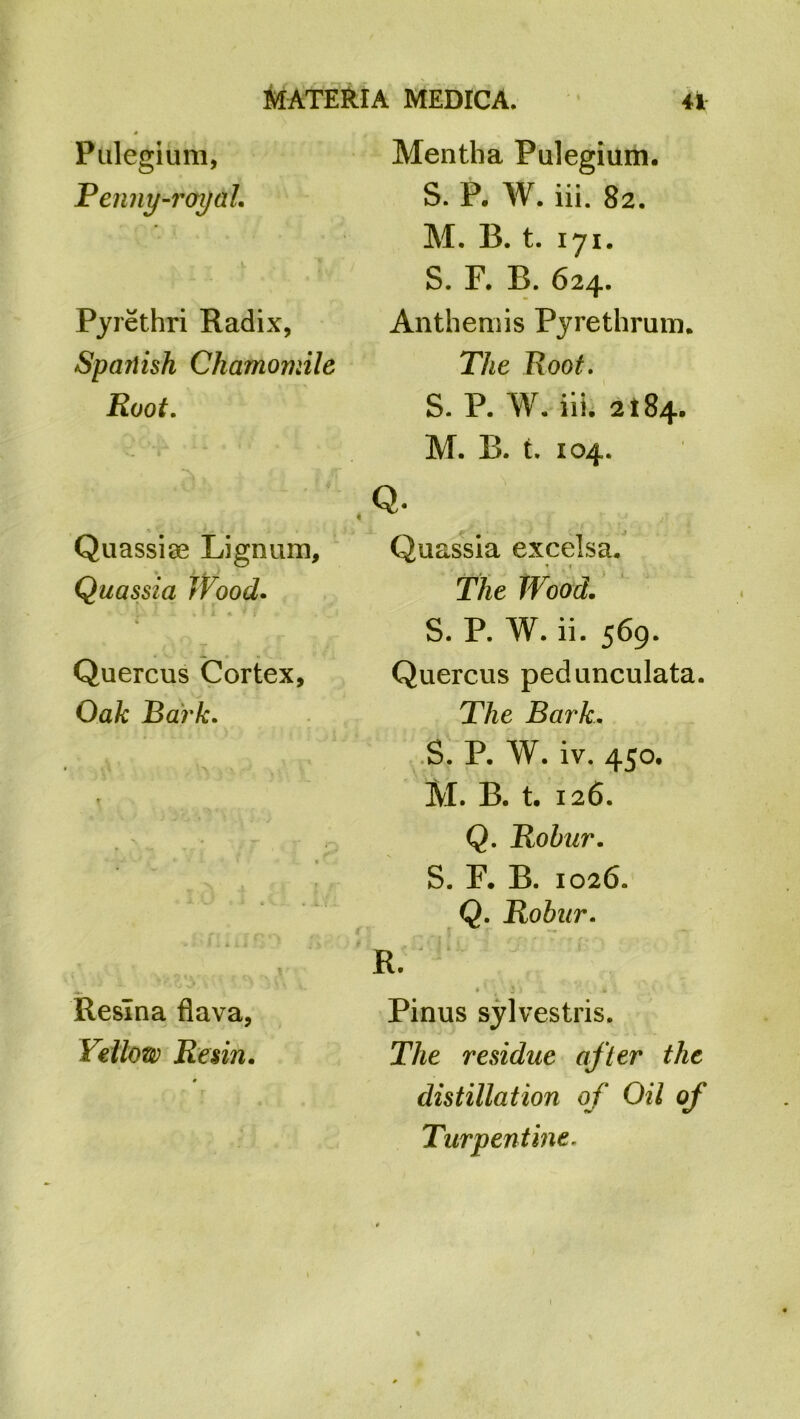 Pulegium, Penny-royal. Pyrethri Radix, Spanish Chamomile Root. Mentha Pulegium, S. P. W. iii. 82. M. B. t. 171. S. F. B. 624. Anthemis Pyrethrum. The Root. S. P. W. iii. 2184. M. B. t. 104. Quassise Lignum, Quassia Wood. V . u I .i. *' i 4 * j Quercus Cortex, Oak Bark. * Quassia excelsa. The Wood. S. P. W. ii. 569. Quercus pedunculata. The Bark. S. P. W. iv. 450. M. B. t. 126. Q. Robur. S. F. B. 1026. Q. Robur. R. Resina flava, Pinus sylvestris. Yellow Resin. The residue after the distillation of Oil of Turpentine,