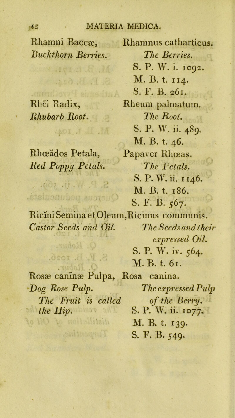 Rhammis catharticus. The Berries. S. P. W. i. 1092. M. B. t. 114. S. F. B. 261. Rheum palmatum. The Root. S. P. W. ii. 489, M. B. t. 46. Papaver Rhoeas. The Petals. S. P. W. ii. 1146. M. B. t. 186. S. F. B. 567. Ricini Semina etOleum,Ricinus communis. Castor Seeds and Oil. The Seeds and their expressed Oil. S. P. W. iv. 564. M. B. t. 61. Rosae canlnae Pulpa, Rosa canina. Dog Rose Pulp. The expressed Pulp The Fruit is called of the Ber?y. the Hip. S. P. W. ii. 1077. M. B. t. 139. S. F. B. 549. Rhamni Baccae, Buckthorn Berries. Rhei Radix, Rhubarb Root. Rhoeados Petala, Red Poppy Petals.