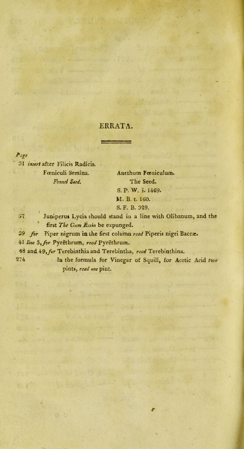 ERRATA. ■> 31 insert after Filicis Radicis. Foeniculi Semina. Anethum Fceniculum. Fennel Seed. The Seed. S. P. W. i. 1469. M. B. t. 160. S. F. B. 329. / 37 Juniperui Lycia should stand in a line with Olibanum, and the first The Gum Resin be expunged. 39 for Piper nigrum in the first column read Piperis nigri Baccae. 41 line 5, for Pyrethrum, ra*/Pyrethrum. 48 and 49,/ir Terebinthia and Terebintha, read Terebinthina. 274 In the formula for Vinegar of Squill, for Acetic Acid two pints, read one pint. r