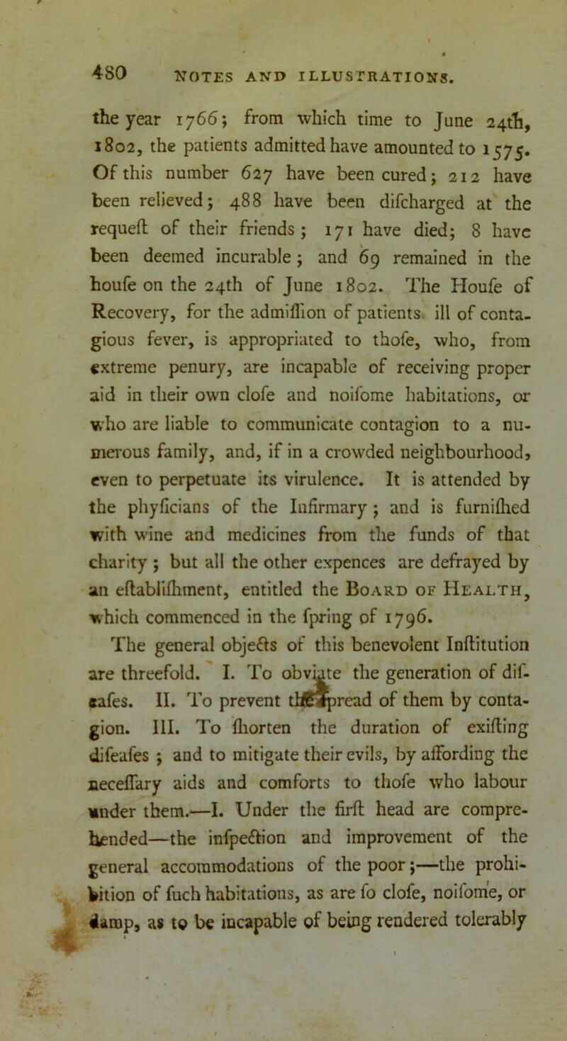 the year 1766; from which time to June 24th, 1802, the patients admitted have amounted to 1575. Of this number 627 have been cured; 212 have been relieved; 488 have been difcharged at the requeft of their friends; 171 have died; 8 have been deemed incurable ; and 69 remained in the houfe on the 24th of June 1802. The Houfe of Recovery, for the admifllon of patients ill of conta- gious fever, is appropriated to thofe, who, from extreme penury, are incapable of receiving proper aid in their own clofe and noifome habitations, or who are liable to communicate contagion to a nu- merous family, and, if in a crowded neighbourhood, even to perpetuate its virulence. It is attended by the phyficians of the Infirmary ; and is furnifhed with wine and medicines from the funds of that charity ; but all the other expences are defrayed by an eflablifhment, entitled the Board of Health, which commenced in the fpring of 1796. The general objefrs of this benevolent Inftitution are threefold. I. To obviate the generation of dif- safes. II. To prevent thfiHrpread of them by conta- gion. III. To fliorten the duration of exifting difeafes ; and to mitigate their evils, by affording the neceffary aids and comforts to thofe who labour wnder them.—I. Under the firft head are compre- hended—the infpefrion and improvement of the general accommodations of the poor;—the prohi- bition of fuch habitations, as are fo clofe, noifome, or damp, as to be incapable of being rendered tolerably .