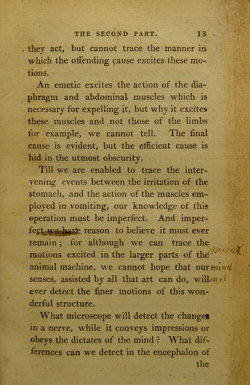 , they act, but cannot trace the manner in which the offending cause excites these mo- tions. An emetic excites the action of the dia- phragm and abdominal muscles which is necessary for expelling it, but why it excites these muscles and not those of the limbs for example, we cannot tell. The final cause is evident, but the efficient cause is hid in the utmost obscurity. Till we are enabled to trace the inter- vening events between the irritation of the stomach, and the action of the muscles em- ployed in vomiting, our knowledge of this operation must be imperfect. And imper- reason to believe it must ever remain ; for although we can trace the motions excited in the larger parts of thd^^ ^ animal machine, we cannot hope that senses, assisted by all that art can do, wilbu »^ ever detect the finer motions of this won- derful structure. What microscope will detect the changes in a nerve, while it conveys impressions or obeys the dictates of the mind ? What dif- ferences can we detect in the encephalon of the