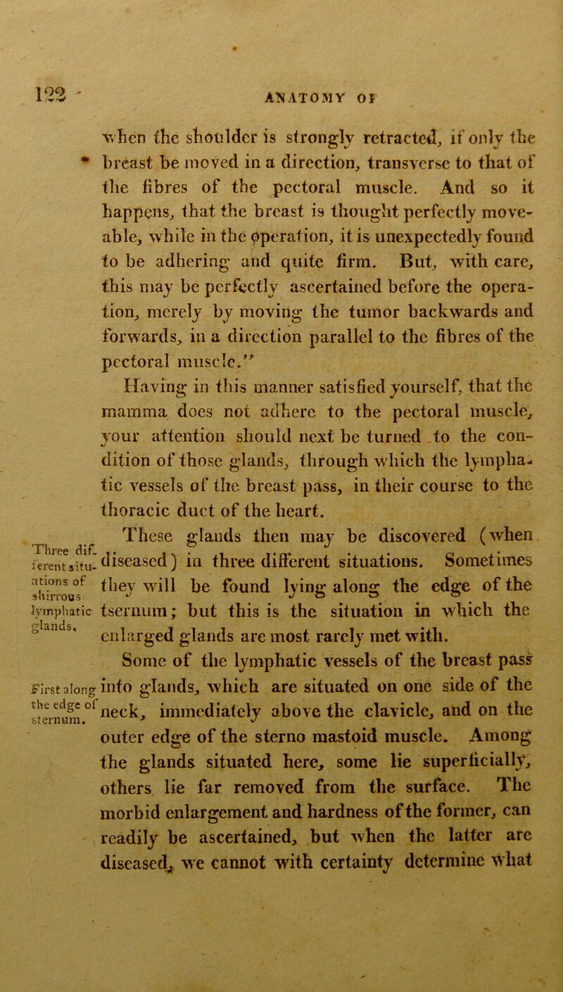 Three dif- ferent situ- ations of shirrous lymphatic glands. First along the edge of sternum. 'U'hen the shotilder is strongly retracted, if only the breast be moved in a direction, transverse to that of the fibres of the pectoral muscle. And so it happens, that the breast is thought perfectly move- able, while in the pperaf ion, it is unexpectedly found to be adhering and quite firm. But, with care, this may be perfectly ascertained before the opera- tion, merely by moving the tumor backwards and forwards, in a direction parallel to the fibres of the pectoral muscle/^ Having in this manner satisfied yourself, that the mamma does not adhere to the pectoral muscle, your attention should next be turned ,to the con- dition of those glands, through which the lympha- tic vessels of the breast pass, in their course to the thoracic duet of the heart. These glands then may be discovered (when diseased) in three different situations. Sometimes they will be found lying along the edge of the tsernum; but this is the situation in which the enlarged glands are most rarclj’^ met with. Some of the lymphatic vessels of the breast pass info glands, which are situated on one side of the neck, immediately above the clavicle, and on the outer edge of the sterno mastoid muscle. Among the glands situated here, some lie superficially, others lie far removed from the surface. The morbid enlargement and hardness of the former, can readily be ascertained, but when the latter are diseased^ -we cannot with certainty determine what