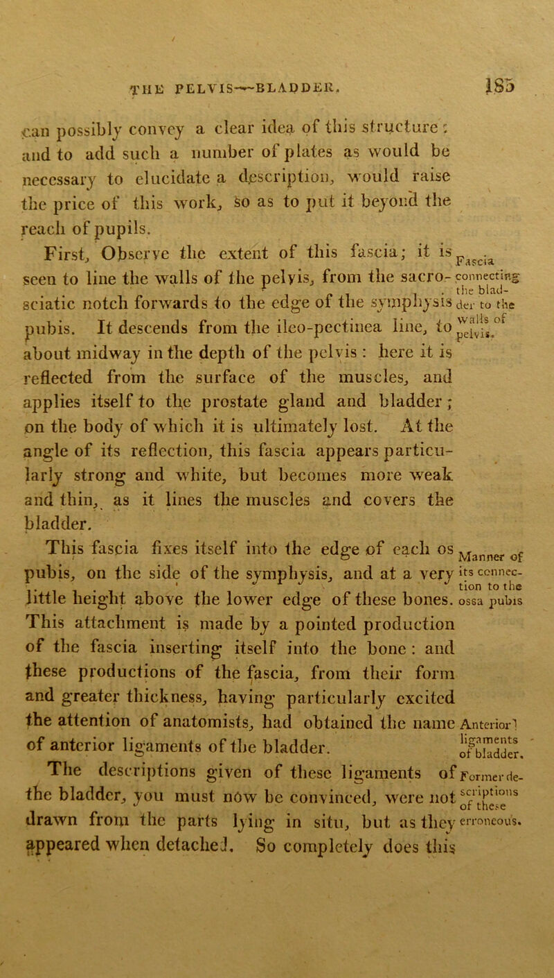 can possibly convey a clear idea of this structure : and to add such a number of plates as would be necessary to elucidate a description, would raise the price of this work, ^o as to put it beyon'd the reach of pupils. First, Observe the extent of this fascia; it seen to line the walls of the pelyis, from the sacro-connecting • „ - , . tile blaci- sciatic notch forwards to the edge oi the symphysis der to the pubis. It descends from the ileo-pcctinea line, about midway in the depth of the pelvis : here it is reflected from the surface of the muscles, and applies itself to tfle prostate gland and bladder ; on the body of which it is ultimately lost. At the angle of its reflection, this fascia appears particu- larly strong and white, but becomes more weak and thin, as it lines the muscles and covers the bladder. This fascia fixes itself into the edge of each os pubis, on the side of the symphysis, and at a very ccnnec- . , ' V r j j to the little height above the lower edge of these bones, ossa pubis This attachment is made by a pointed production of the fascia inserting itself into the bone : and these productions of the fascia, from their form and greater thickness, having particularly excited the attention of anatomists, had obtained the name Anteriorl of anterior ligaments of the bladder. ofbkdder. The descriptions given of these ligaments of Former de- the bladder, you must nOw be convinced, were not drawn from the parts lying in situ, but as they eimneous. appeared when detacheJ, So completely does this