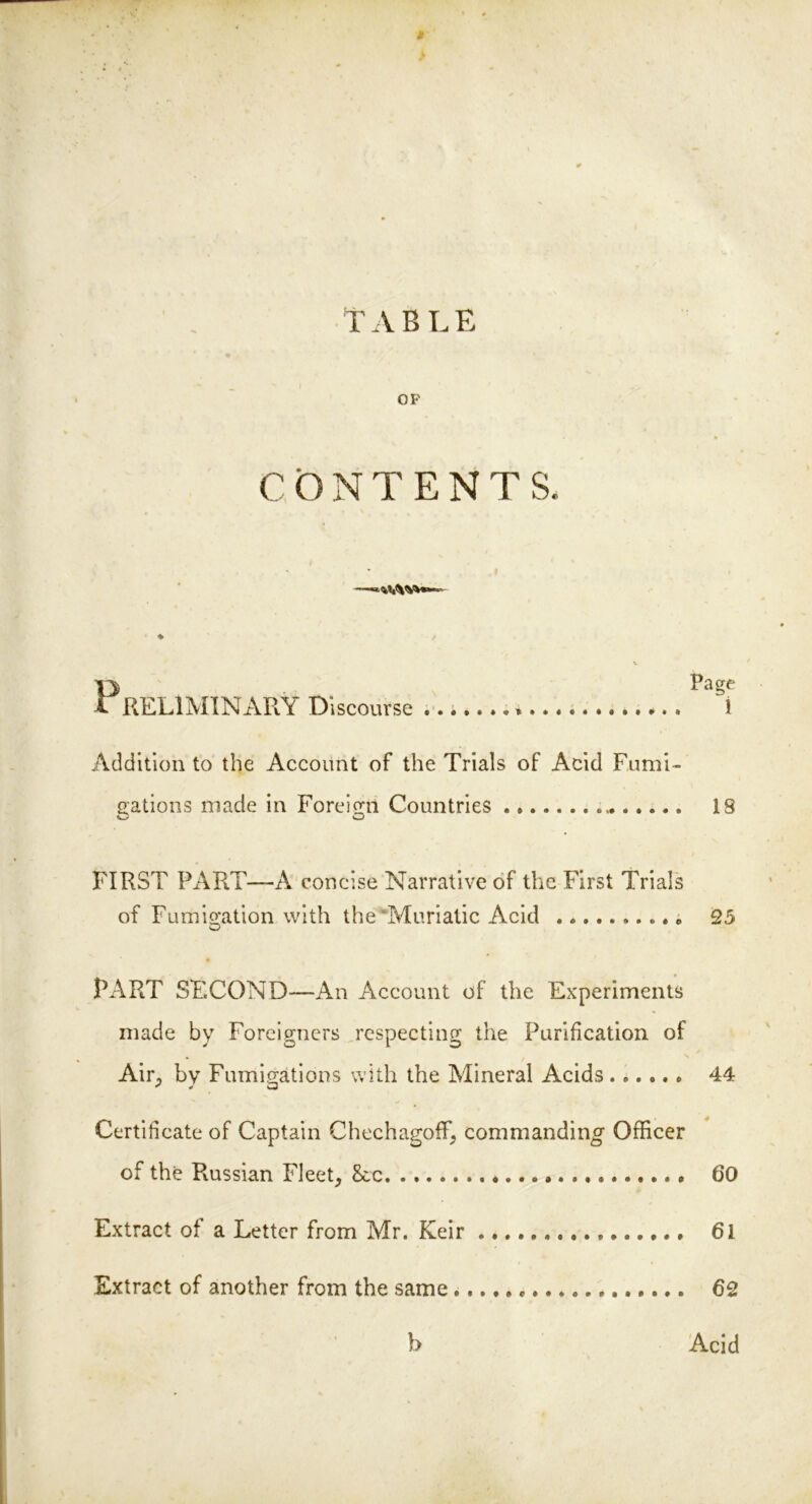 T A B L E OP CONTENTS. PPage REL1MINARY Discourse ........ i Addition to the Account of the Trials of Acid Fumi- gations made in Foreign Countries IS .• ■ / FIRST PART—A concise Narrative of the First Trials of Fumigation with the‘Muriatic Acid « 25 FART SECOND—An Account of the Experiments made by Foreigners respecting the Purification of Air, by Fumigations with the Mineral Acids 44 Certificate of Captain Chechagoflf, commanding Officer of the Russian Fleet, &cc. 60 Extract of a Letter from Mr. Keir 61 Extract of another from the same 62 b Acid