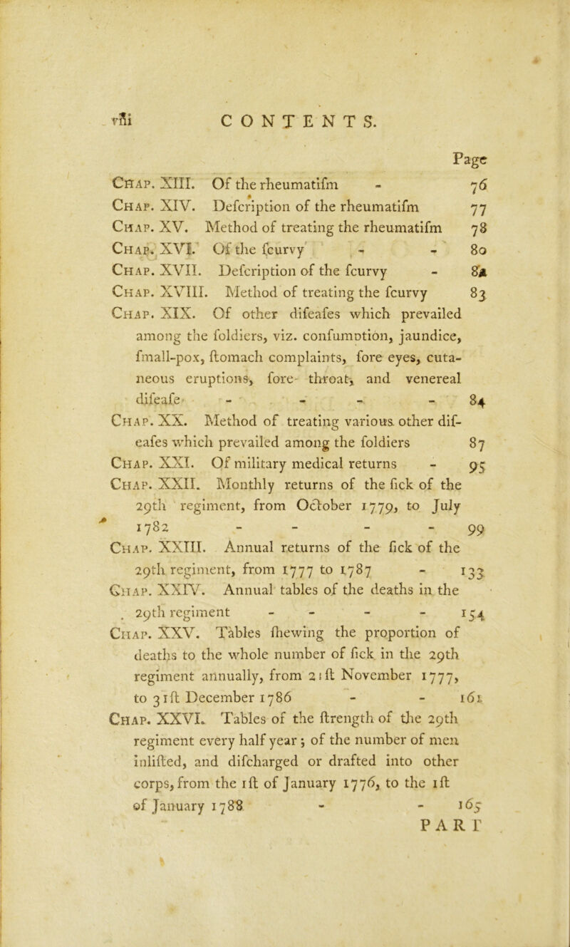 - vSi CONTENTS. Page Chap. XIII. Of the rheumatifm - 76 Chap. XIV. Defcription of the rheumatifm 77 Chap. XV. Method of treating the rheumatifm 78 Chap. XVI. Of the (curvy - - 80 Chap. XVII. Defcription of the fcurvy - 8* Chap. XVIII. Method of treating the fcurvy 83 Chap. XIX. Of other difeafes which prevailed among the foldiers, viz. confumotion, jaundice, fmall-pox, ftomach complaints, fore eyes, cuta- neous eruptions, fore- throat, and venereal difeafe • - 84 Chap. XX. Method of treating various, other dif- eafes which prevailed among the foldiers 87 Chap. XXI. Of military medical returns - 95 Chap. XXII. Monthly returns of the fick of the 29th regiment, from Oclober 1779, to July 1782 - - “99 Chap. XXIII. Annual returns of the fick of the 29th regiment, from 1777 to 1787 - 133 Chap. XXIV. Annual tables of the deaths in the 29th regiment - - - 154 Chap. XXV. Tables {hewing the proportion of deaths to the whole number of fick in the 29th regiment annually, from 2id November 1777, to 31 ft December 1786 - - 161 Chap. XXVL Tables of the ftrength of the 29th regiment every half year ; of the number of men inlifted, and difcharged or drafted into other corps, from the ift of January 1776, to the ift of January 1788 - - 165 PARI