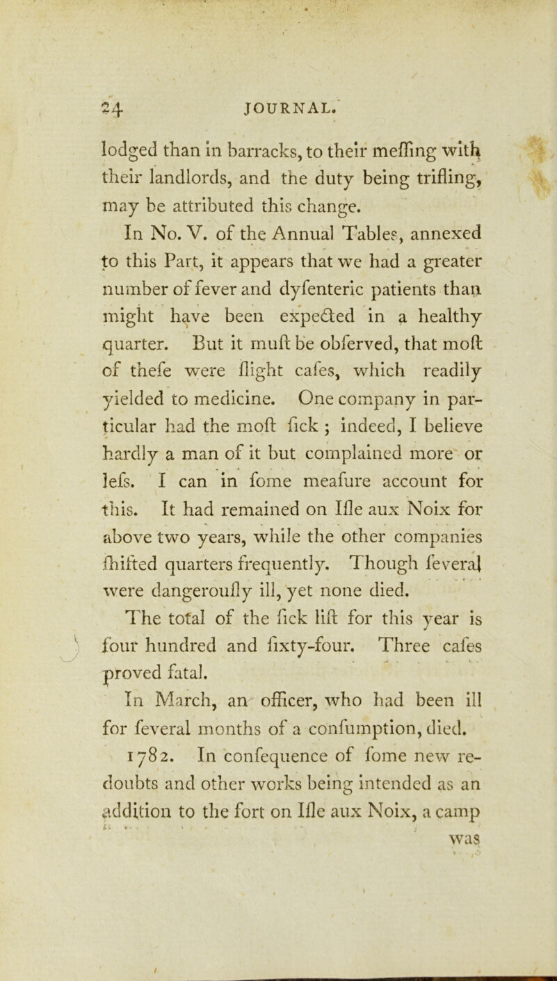 24 JOURNAL. lodged than in barracks, to their meffing with their landlords, and the duty being trifling, may be attributed this change. In No. V. of the Annual Tables, annexed v * w. v „ t to this Part, it appears that we had a greater number of fever and dyfenteric patients than might have been expe&ed in a healthy quarter. But it mull be obferved, that moft of thefe were flight cales, which readily yielded to medicine. One company in par- , ticular had the moft Tick ; indeed, I believe hardly a man of it but complained more or lets. I can in fome meafure account for this. It had remained on Ifle aux Noix for above two years, while the other companies . * drifted quarters frequently. Though feveral - v. t . * were dangeroufly ill, yet none died. The total of the lick lift for this year is four hundred and iixty-four. Three cafes proved fatal. In March, an officer, who had been ill for feveral months of a confumption, died. 1782. In confequence of fome new re- doubts and other works being intended as an addition to the fort on Ifle aux Noix, a camp £»• 1 • < . . was