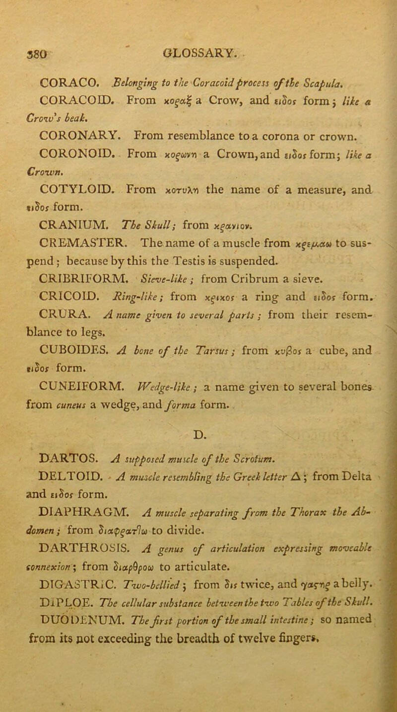 CORACO. Belonging to the Coracoid process of tie Scapula. CORACOID. From xo^a^ Crow, and eiSos formj lihe a Crow's beak, CORONARY. From resemblance to a corona or crown. CORONOID. From xofwvn a Crown,and tiSot form; like a Crown, COTYLOID. From xorvXn the name of a measure, and ti5oy form. CRANIUM. Ble Skull; from x^aviov. CREMASTER. The name of a muscle from xpfMtu to sus- pend ; because by this the Testis is suspended. CRIBRIFORM. Sieve-like; from Cribrum a sieve. CRICOID. Ring-like; from xfixor a ring and eiSos form. CRURA, si name given to several parts ; from their resem- blance to legs. CUBOIDES. A bone of the Tarsus; from xv^os a cube, and iiSof form. CUNEIFORM. Wedge-like; a name given to several bones, from cuneus a wedge, and forma form. D. DARTOS. A supposed muscle of the Scrotum. DELTOID. . A muscle resembling the Greek letter A ; from Delta and tiSoj form. DIAPHRAGM. A muscle separating from the Thorax the Ab- domen ; from Si<x!pfoLT% to divide. DARTHROSIS. A genus of articulation expressing moveable connexion, from dsctpBpou to articulate. DIGASTRIC. Two-bellied y from S(f twice, and a belly. DiPLOE. The cellular substance betweenthetwo Tables of the Skull. DUODENUM. The frst portion of the small intestine; SO named from its not exceeding the breadth of twelve fingers,