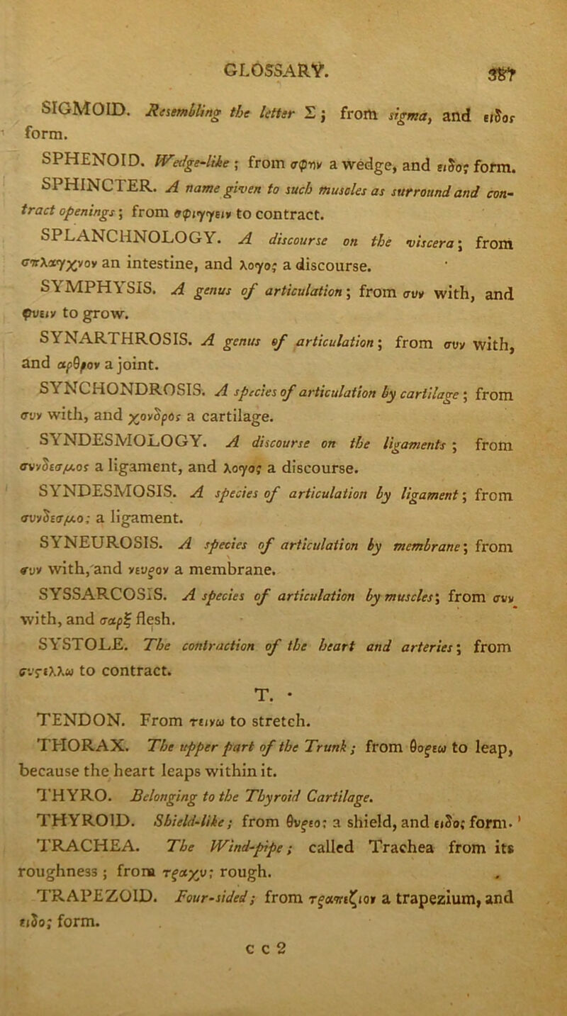 3^ SIGMOID. Resembling the letter S j from sigma, and iiSor ’ form. SPHENOID. Wedge-like \ from cripw a wedge, and n5oj form. SPHINCTER. A name given to such muscles as surround and con- tract openings; from opijyeir to contract. splanchnology, a discourse on tie viscera \ from crsXasfgvQv an intestine, and Xo<yoj a discourse. SYMPHYSIS. A genus of articulation', from auy with, and pvuv to grow. SYNARTHROSIS. A genus of articulation', from <ri»y with, and ap9fo* a joint. SYNCHONDROSIS. A species of articulation by cartilage 5 from <rvT) with, and ^oySpos a cartilage. SYNDESMOLOGY. A discourse on the ligaments ; from avySeoficos a ligament, and xoyoe a discourse. SYNDESMOSIS. A species of articulation by ligament; from avy’Siofxo; a ligament. SYNEUROSIS. A species of articulation by membrane', from «-yy with,'and ytv^oy a membrane. SYSSARCOSIS. A species of articulation by muscles', from aw with, and aap^ flesh. SYSTOLE. T'he contraction of the heart and arteries', from ffvrixxw to contract. T. • TENDON. From riiyu to stretch. THORAX. The upper part of the Trunk : from Gofew to leap, because the heart leaps within it. THYRO. Belonging to the Thyroid Cartilage. THYROID. Shield-like; from Gvffo; a shield, and eiSo; form.' TRACHEA. The Wind-pipe; called Trachea from its roughness; from rough. TRAPEZOID. Four-sided; from Tfawt^joy a trapezium, and ti5o; form. c c 2