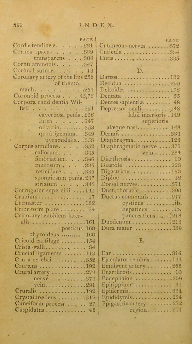 PAGE Cord;e tend! n ex 221 Cornea opaca 309 transparens . . . 308 Cornu ammonis. ... ,S47 Coronal suture. ... . .13 Coronary artery of the lips 258 of the sto- mach. . 267 Coronoid process . . . 45,76 Corpora candidentia Wil- lisii , ' 351 cavernosa penis .236 lutca 247 olivaria 353 quadrigemina. .349 pyramidalia. .353 Corpus armulare 352 callosum 345 fimbriatum. . . .346 mucosiim . . . .335 reticiilare . . . .335 .spongiosum penis.237 striatum 346 Corrugator supercilii .... 141 Cranium 17 Cremaster 132 Cribriform plate 34 Crico-arytxnoideus later- alis ..' 161 posticus 160 thyroideus 160 Cricoid cartilage 154 Crista -galli .... 34 Crucial ligaments 113 Crura cerebri 352 Crurxus 192 Crural artery 272 nerve 374 vein .291 Cruralis 192 Crystalline lens .312 Cuneiform proces* 27 Cuspidatus 48 f-AGK Cutaneous nerves P»72 Cuticula Cutis 335 D. Dartos Decidua .250 Deltoides .172 Dentata 55 Dentes sapientix . 48 Depressor oculi .^43 iabii inferioris .149 superioris alxque nasi 148 Dermis Diaphragma .123 Diaphragmatic nerve ... .371 veins.... .284 Diarthrosis Diastole Digastricus. Diploe . 12 Dorsal nerves ..371 Duct, thoracic Ductus communis .217 cysticus hepaticus pancreaticus ..... .*218 Duodenum Dura mater E. Ear Ejaculator seminis .133 EmuJgent artery Enarthrosis . 10 Encephalon .339 Ephippium'. Epidermis .334 Epididymis Epigastric artery . 272 region....... .211