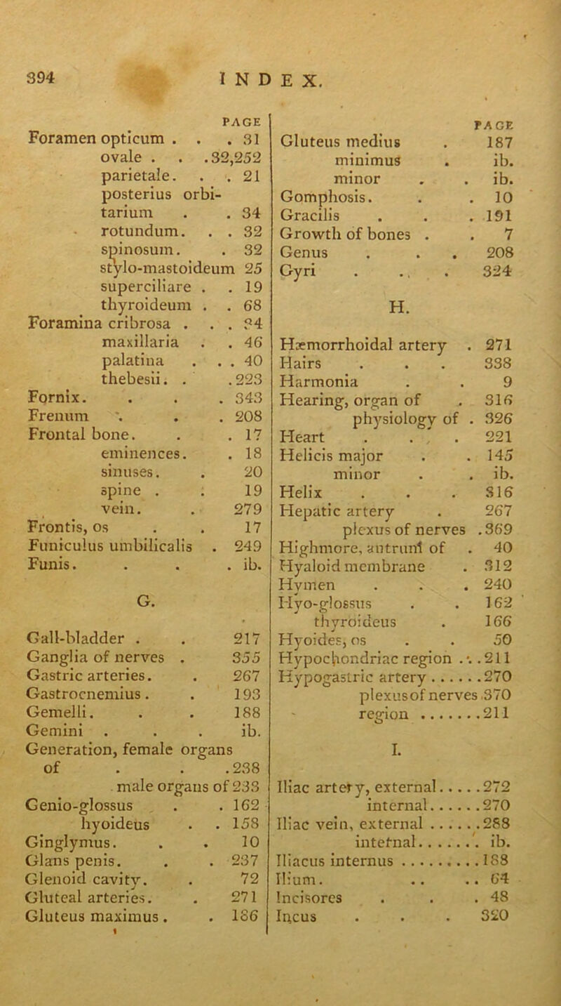 Foramen opticum . . PAGE . 31 ovale . ,32,252 parietale. . 21 postenus orbi- tarium . 34 rotundum. . . 32 sjji nosum. stylo-mastoidt . 32 :um 25 superciliare . . 19 thyroideum . . 68 Foramina cribrosa . . . 34 maxillaria . 46 palatina . . 40 thebesii. . . 223 Fqrnix. . 343 Frenum . 208 Frontal bone. . 17 eminences. . 18 sinuses. 20 spine . 19 vein. 279 Frontis, os 17 Funiculus umbilicalis . 249 Funis. . ib. G. Gall-bladder . . 217 Ganglia of nerves . 355 Gastric arteries. . 267 Gastrocnemius. . 193 Gemelli. . . 188 Gemini . . . ib. Generation, female organs of . . .238 male organs of 233 Genio-glossus . .162 hyoideus . . 158 Ginglymus. . . 10 Gians penis. . . 237 Glenoid cavity. . 72 Gluteal arteries. . 271 Gluteus maximus . . 166 PAGE Gluteus medius . 187 minimus . ib. minor . . ib. Gomphosis. . . 10 Gracilis . . .191 Growth of bones . . 7 Genus . . . 208 Gyri . ., . 324 H. Haemorrhoidal artery . 271 Hairs . . . 338 Harmonia . . 9 Hearing, organ of . 316 physiology of . 326 Heart . . . 221 Helicis major . .145 minor . . ib. Helix . . . 816 Hepatic artery . 267 plexus of nerves .369 Highmore, antruni of . 40 Hyaloid membrane . .312 Hymen . . . 240 Hyo-glossus . .162 thyroideus . 166 Hyoides, os . .50 Hypochondriac region .*..211 Hypogastric artery 270 plexusof nerves .370 region 211 I. Iliac artery, external internal 270 Iliac vein, external 288 internal ib. Iliacus internus 188 Ilium. .. .. 64 Incisores . . .48 Incus . . . 320